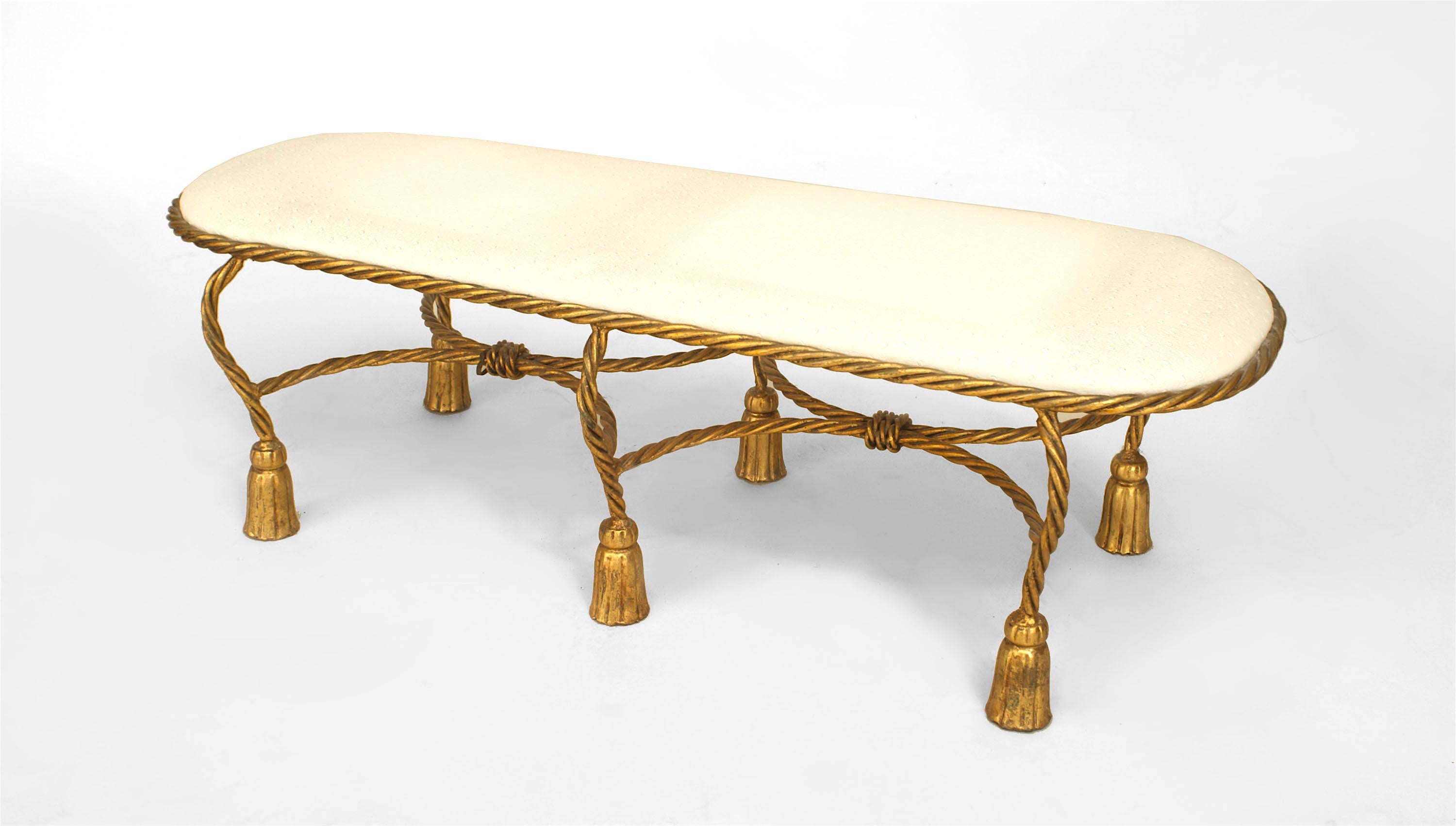 1940's Italian rope and tassel design bench with a white leather low, oval seat supported by a gilt metal rope-form frame resting on six legs joined by two intersecting stretchers.