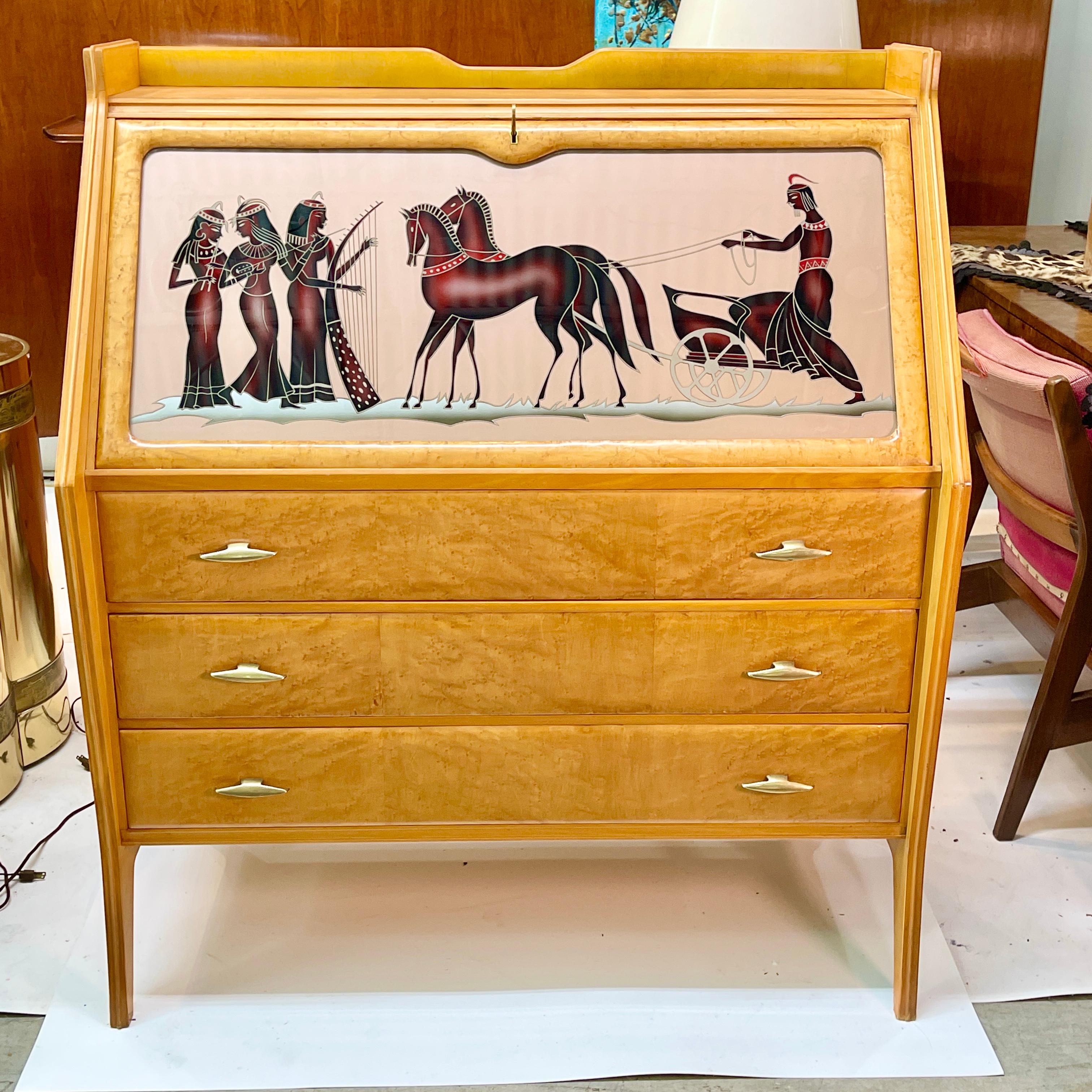 Mid-Century Modern 1940's Italian Secretaire with Reverse Painted Glass For Sale