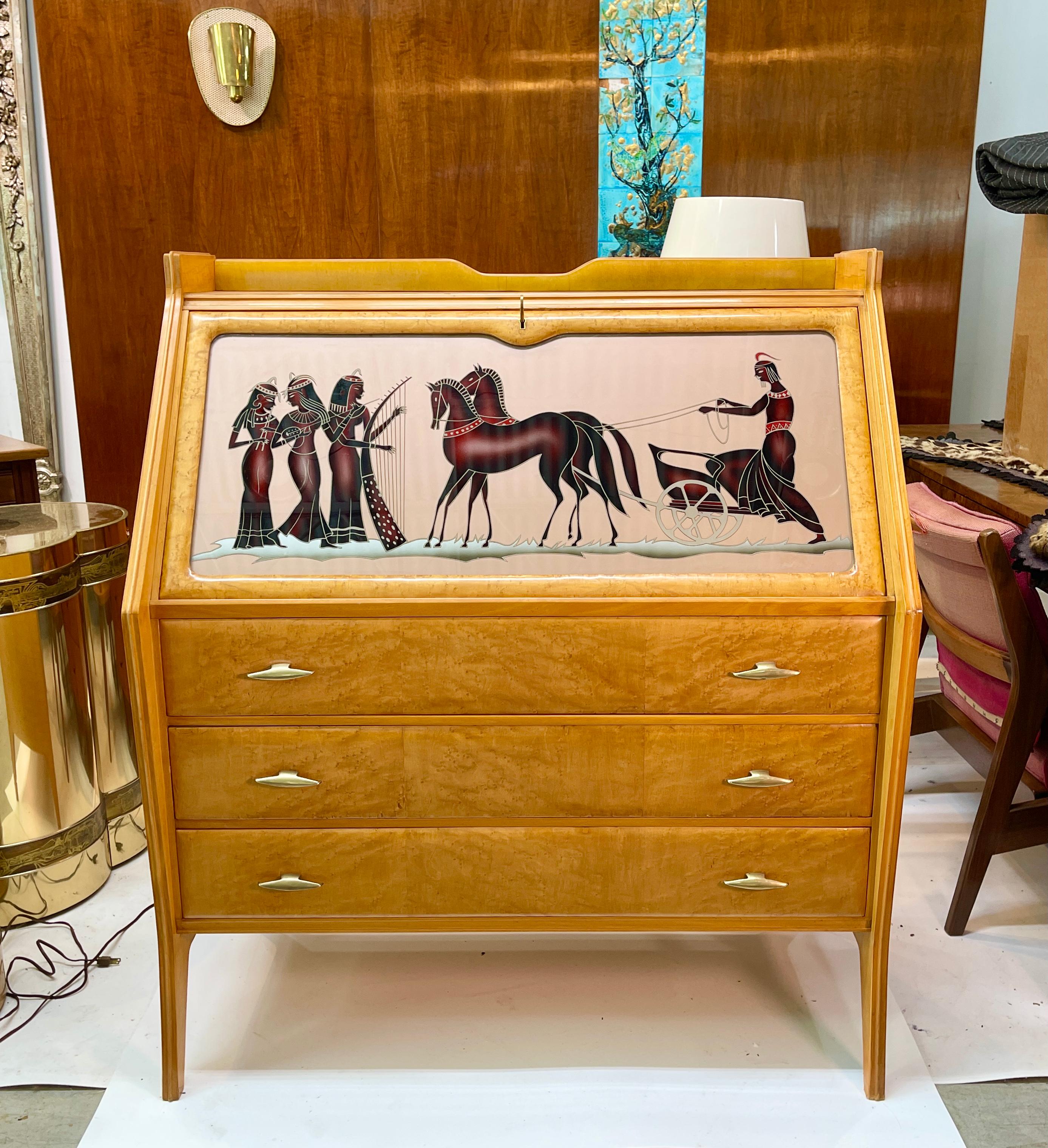 Hand-Painted 1940's Italian Secretaire with Reverse Painted Glass For Sale