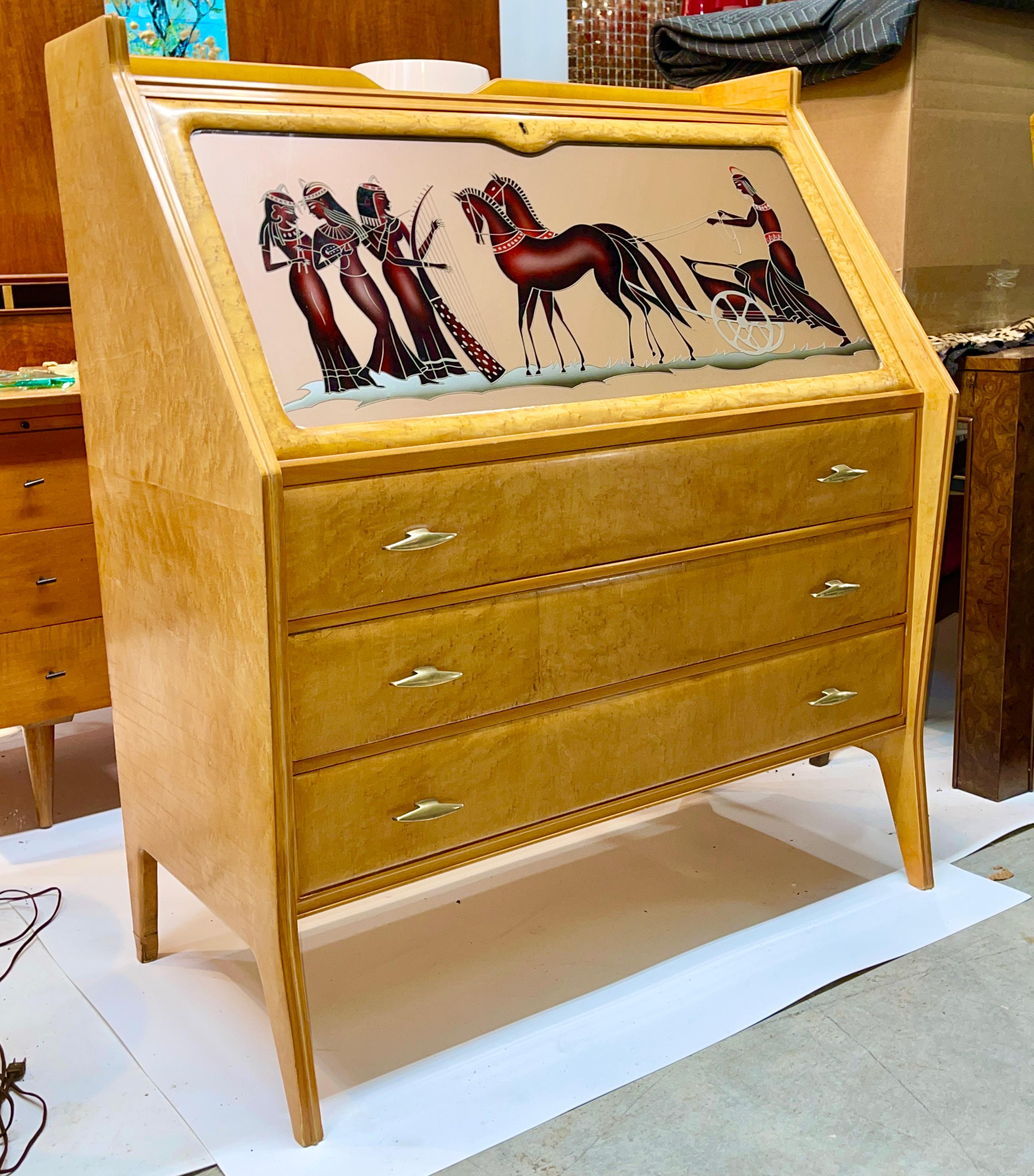 1940's Italian Secretaire with Reverse Painted Glass For Sale 1