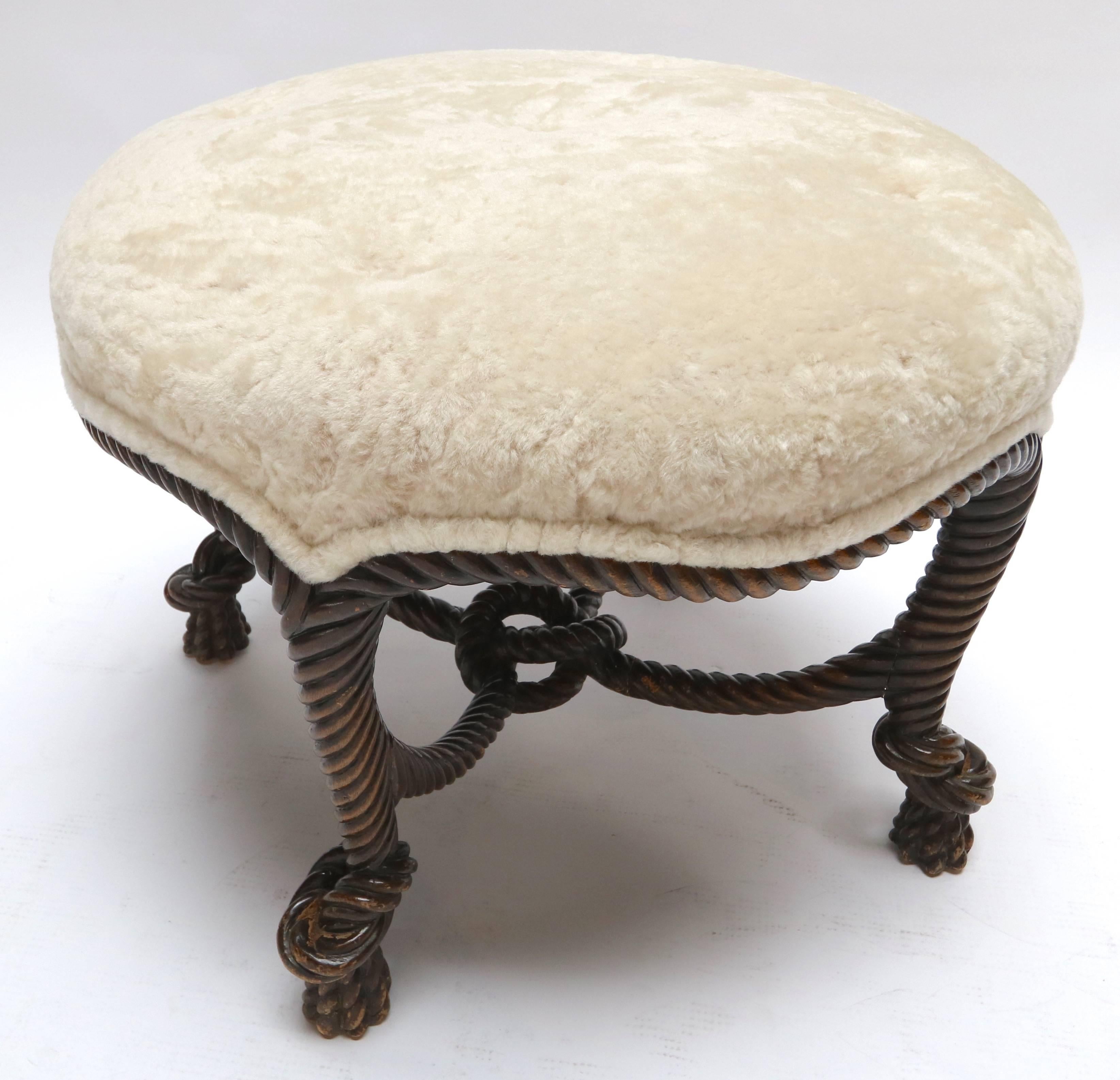 Mid-Century Modern 1940s, Italian, Sheepskin and Wood Rope Ottoman