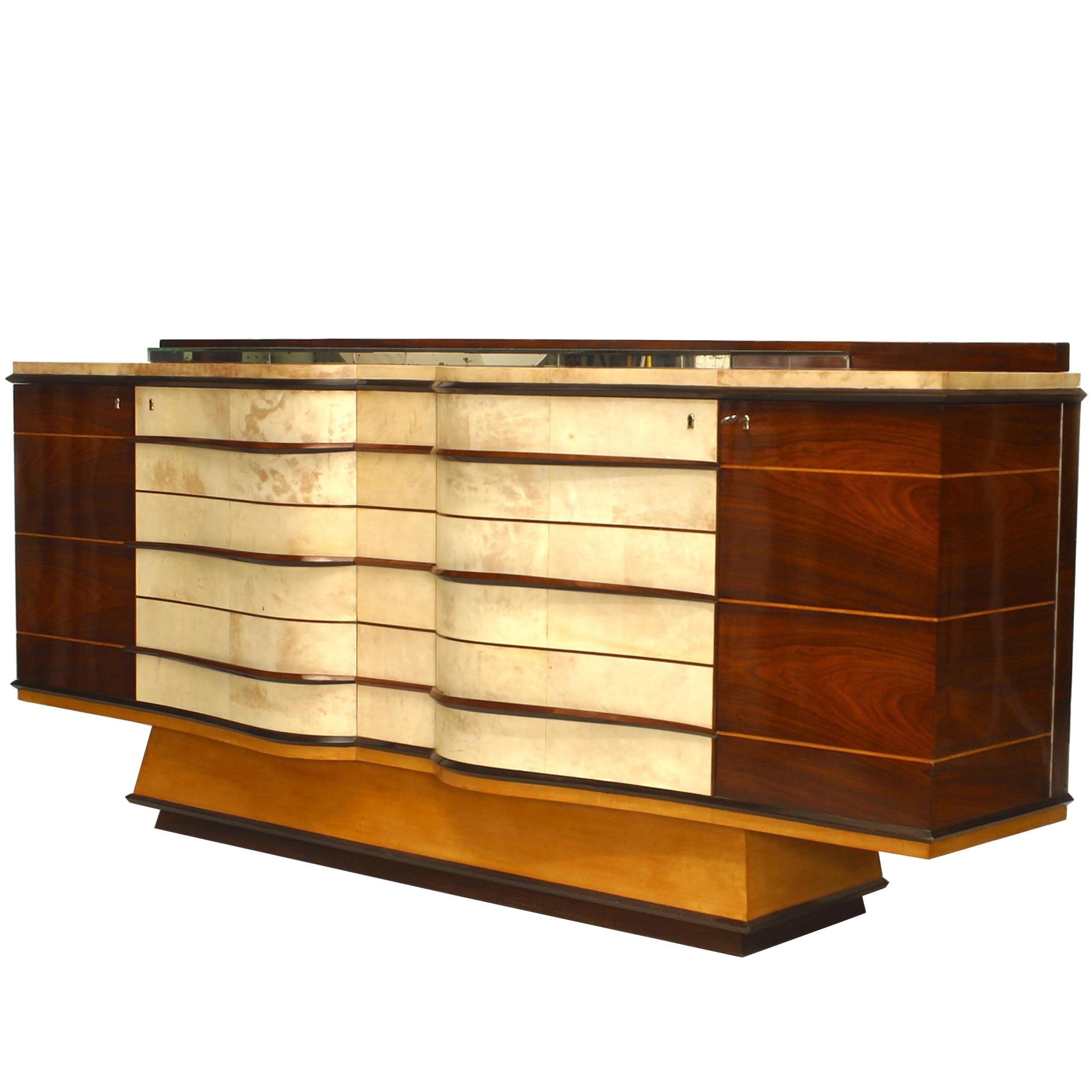 Bologna Daghlia Italienisches Sideboard aus Rosenholz und Pergament aus der Mitte des Jahrhunderts