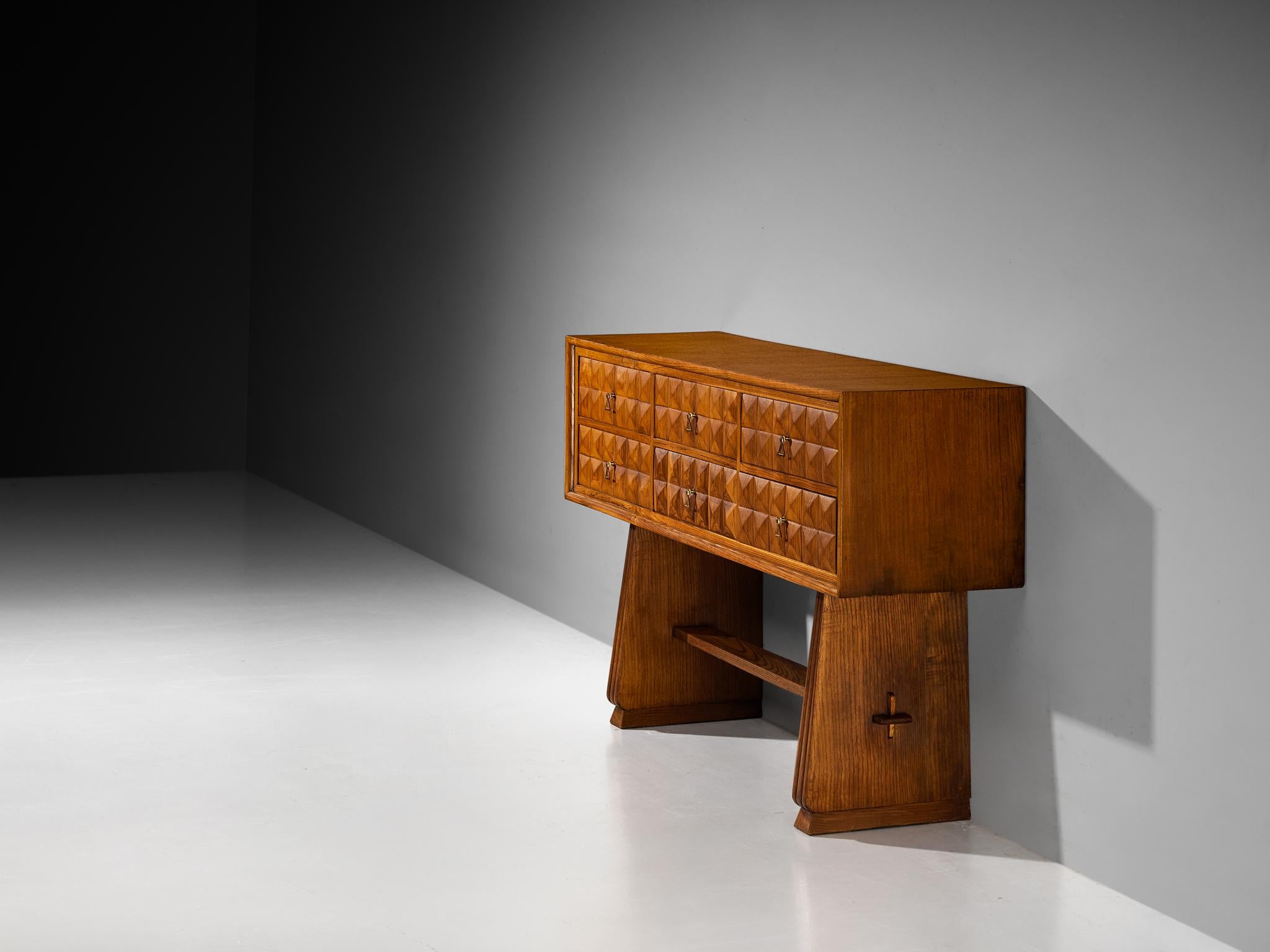 Brass 1940s Italian Sideboard in Chestnut with Diamond-Shaped Carvings For Sale