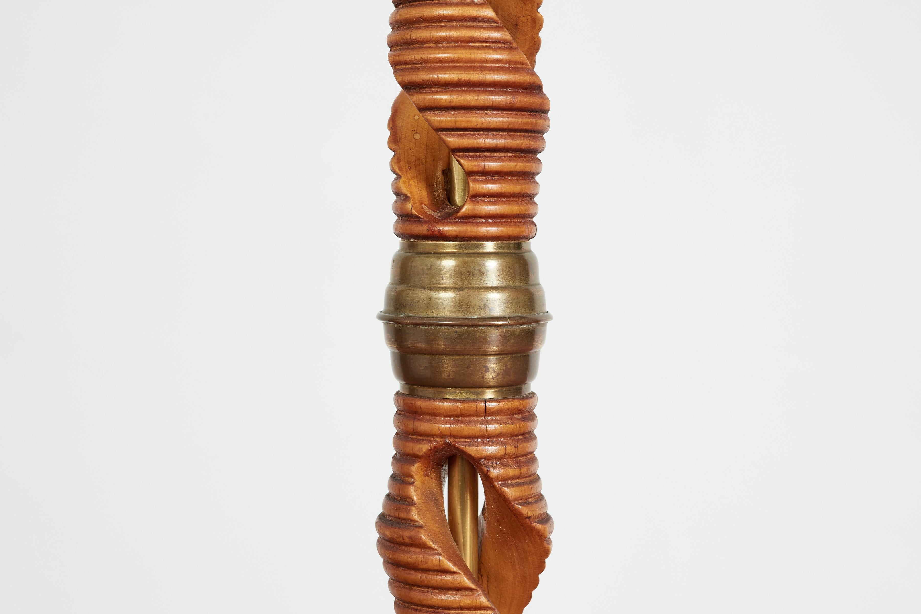 Brass 1940's Italian Spiral Wood Floor lamp  For Sale