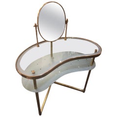 Retro 1940s Italian Stamped Brass Glass Vanity and Attached Mirror