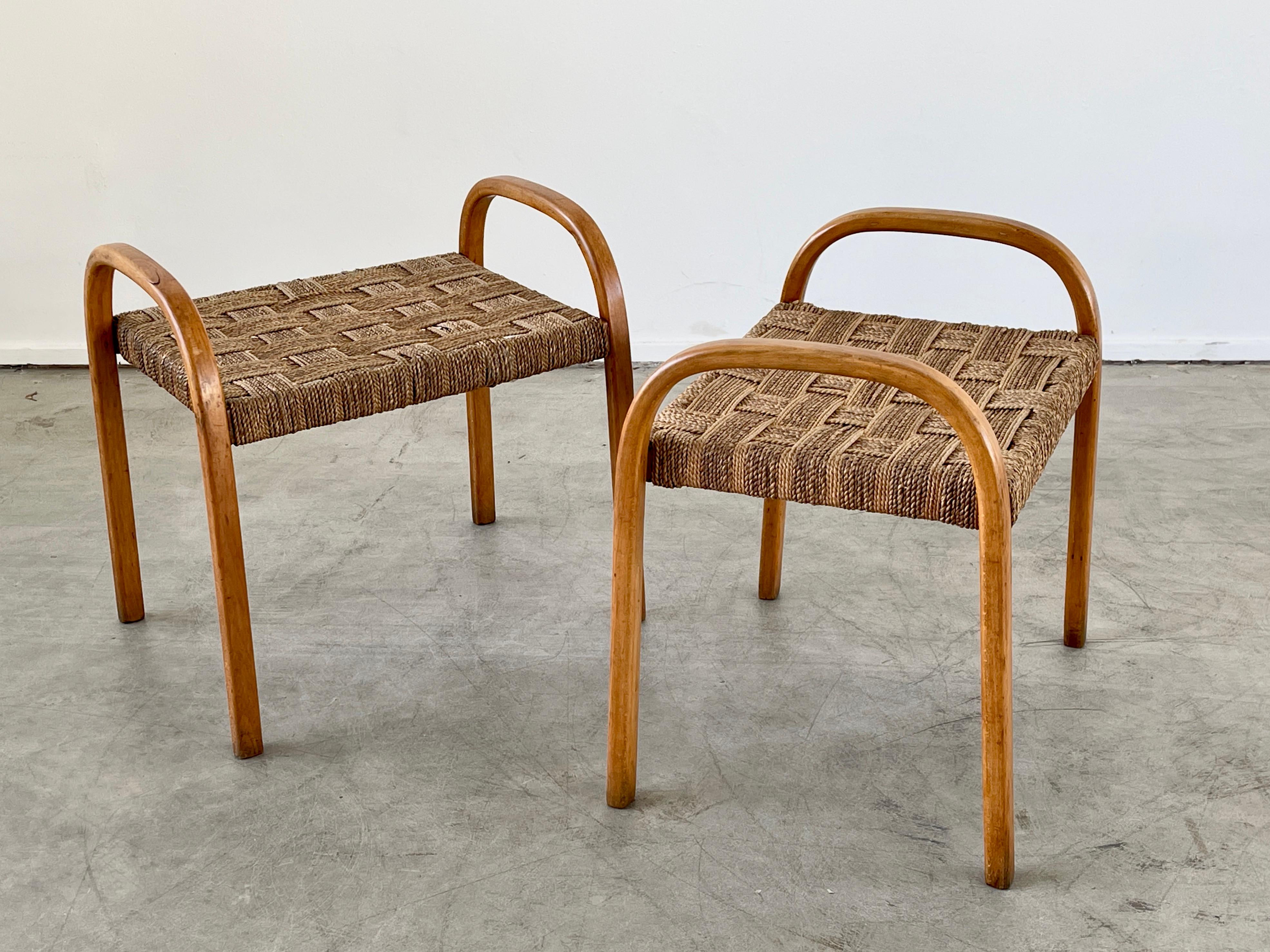 1940's pair of bentwood stools with original woven hemp seats.
Italy - 1940's.