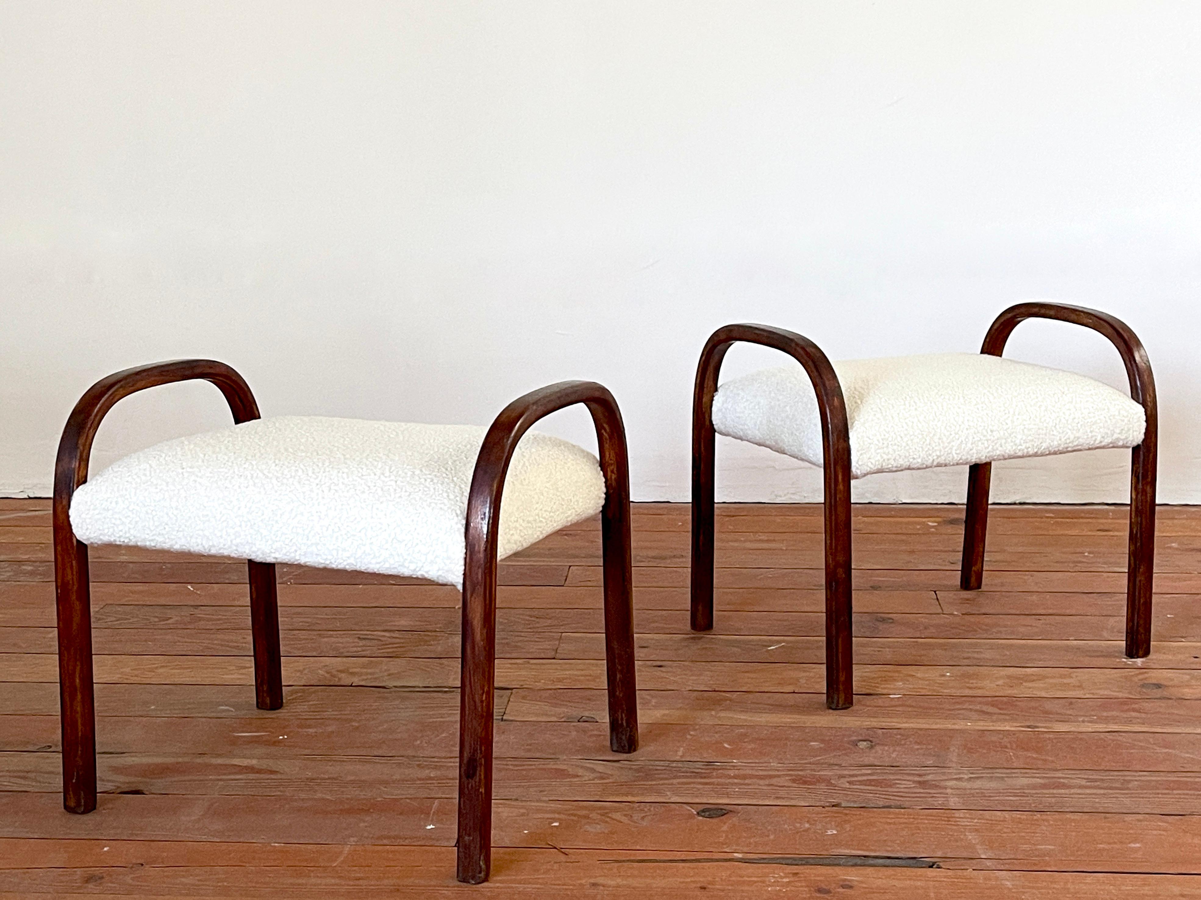 Pair of 1940's Italian stools with bentwood in mahogany and newly upholstery in creamy white boucle.