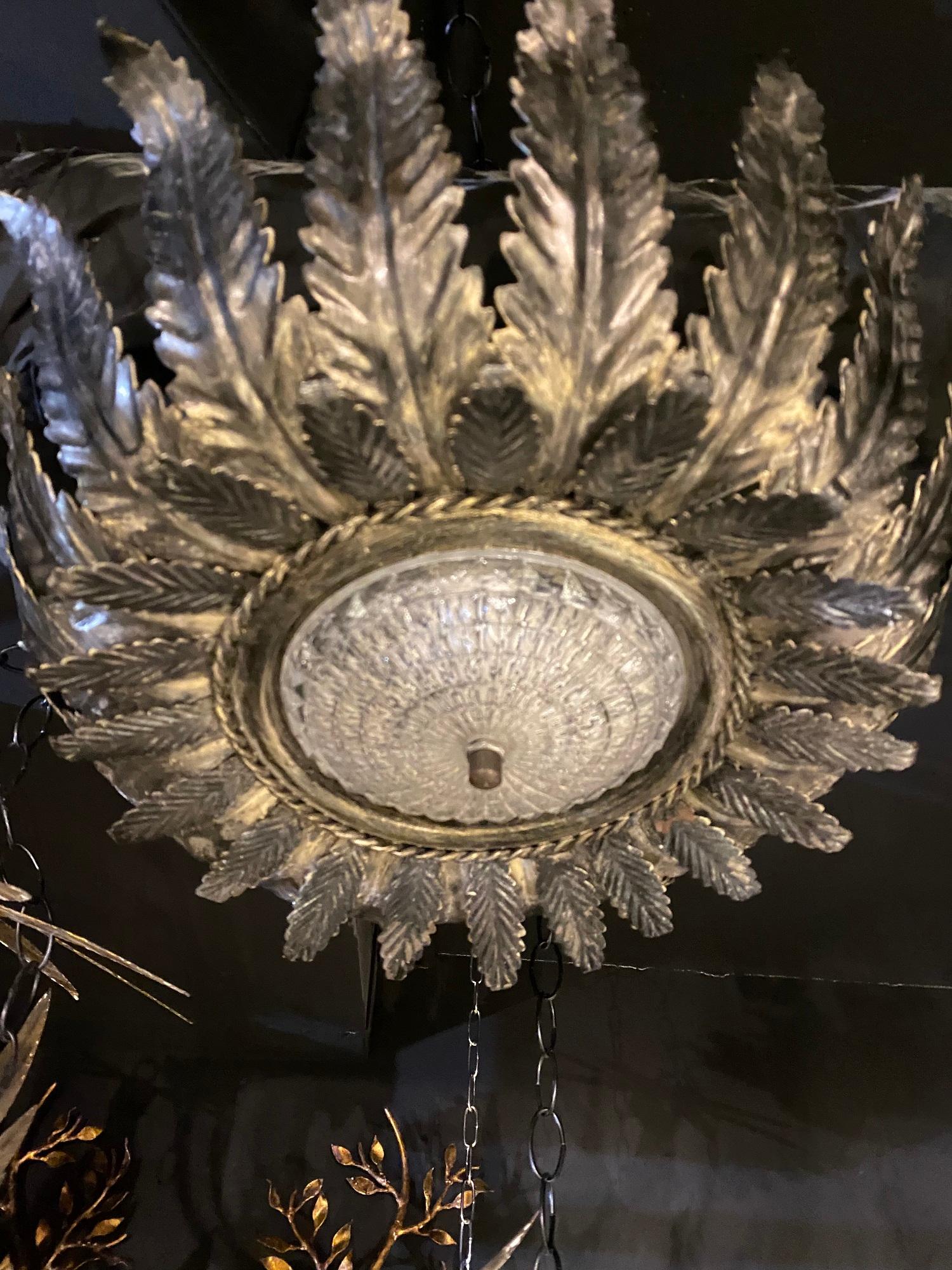 Silvered 1940’s Italian Sunburst Light Fixture with Silver Finish For Sale