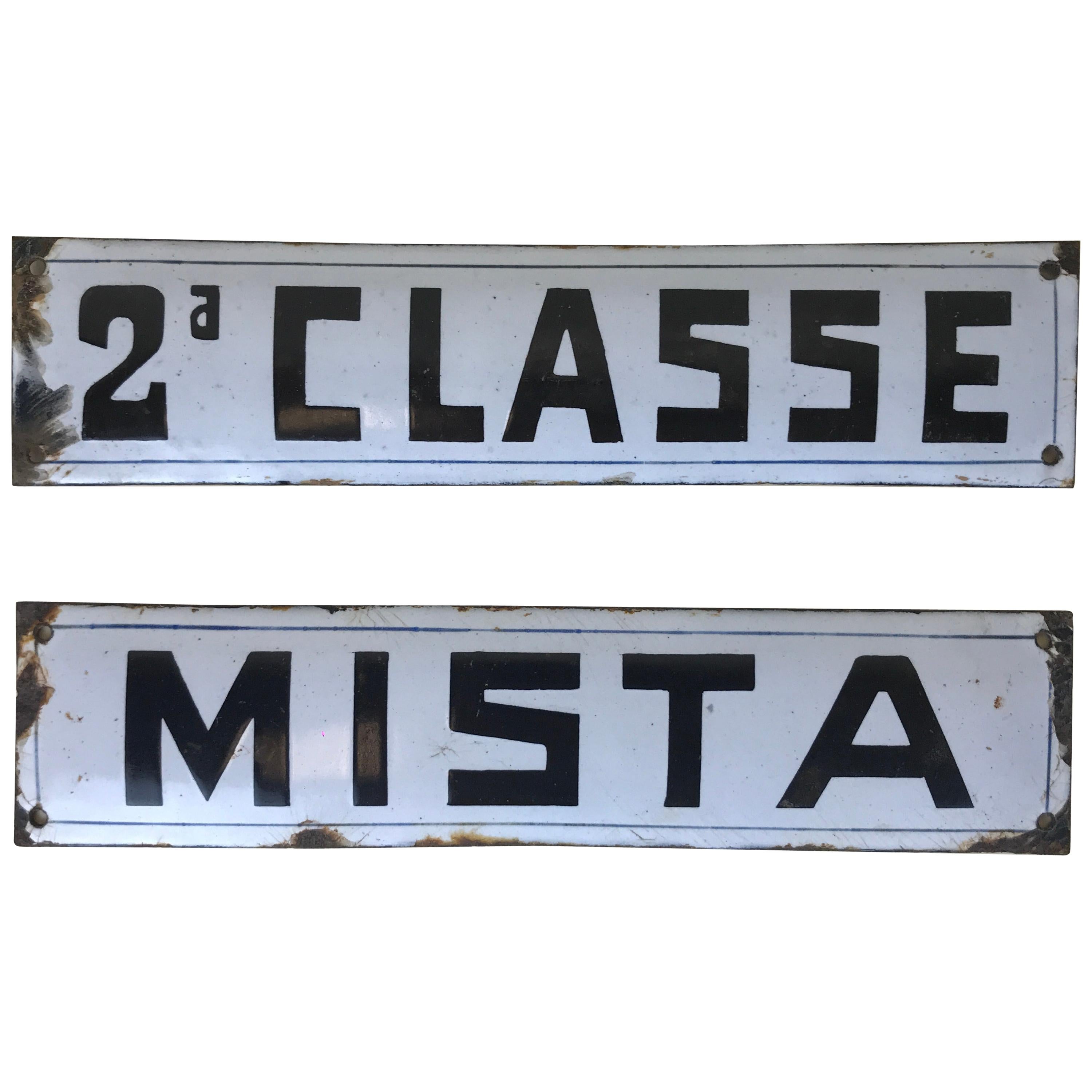 1940s Italian Vintage Set of Enamel Metal Signs "Second Class" and "Mixed Class" For Sale