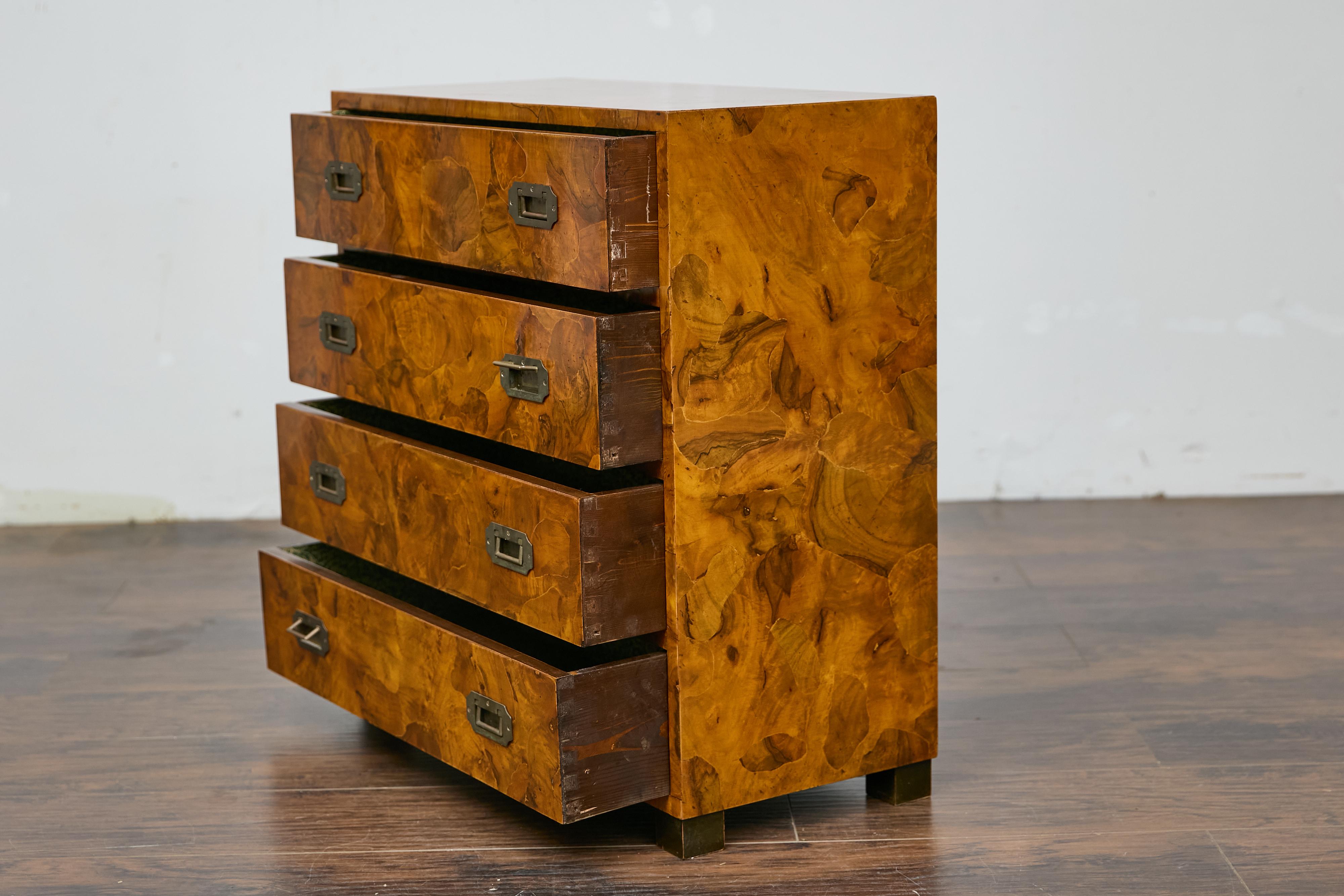 1940s Italian Walnut Commode with Elaborate Grain Patterns and Brass Hardware For Sale 6