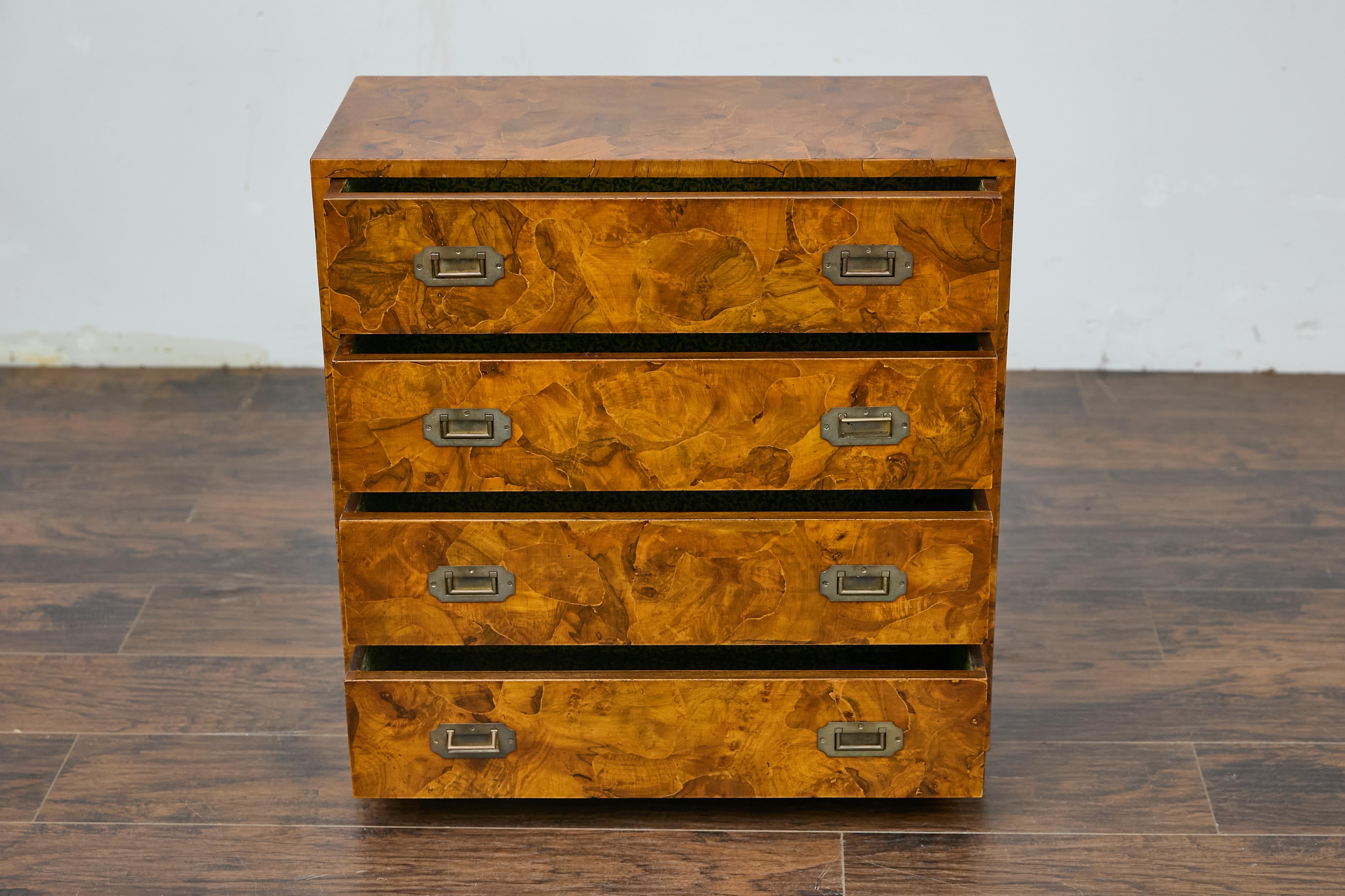 1940s Italian Walnut Commode with Elaborate Grain Patterns and Brass Hardware For Sale 7