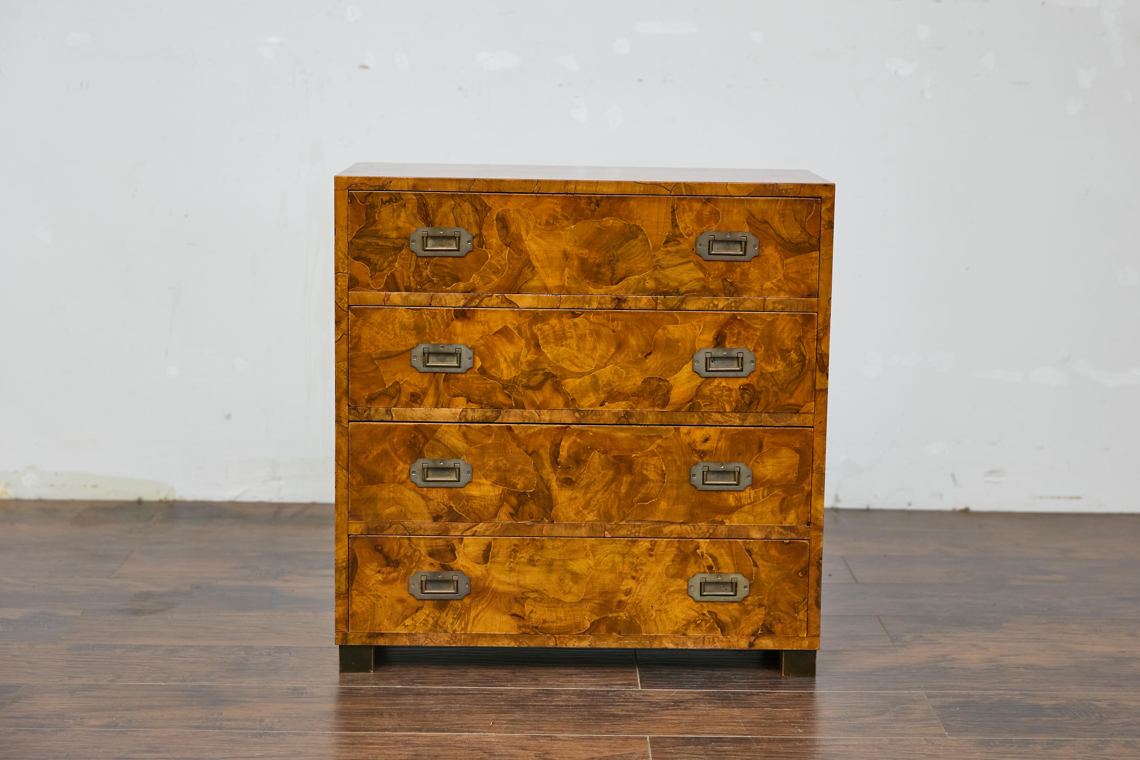 1940s Italian Walnut Commode with Elaborate Grain Patterns and Brass Hardware For Sale 10