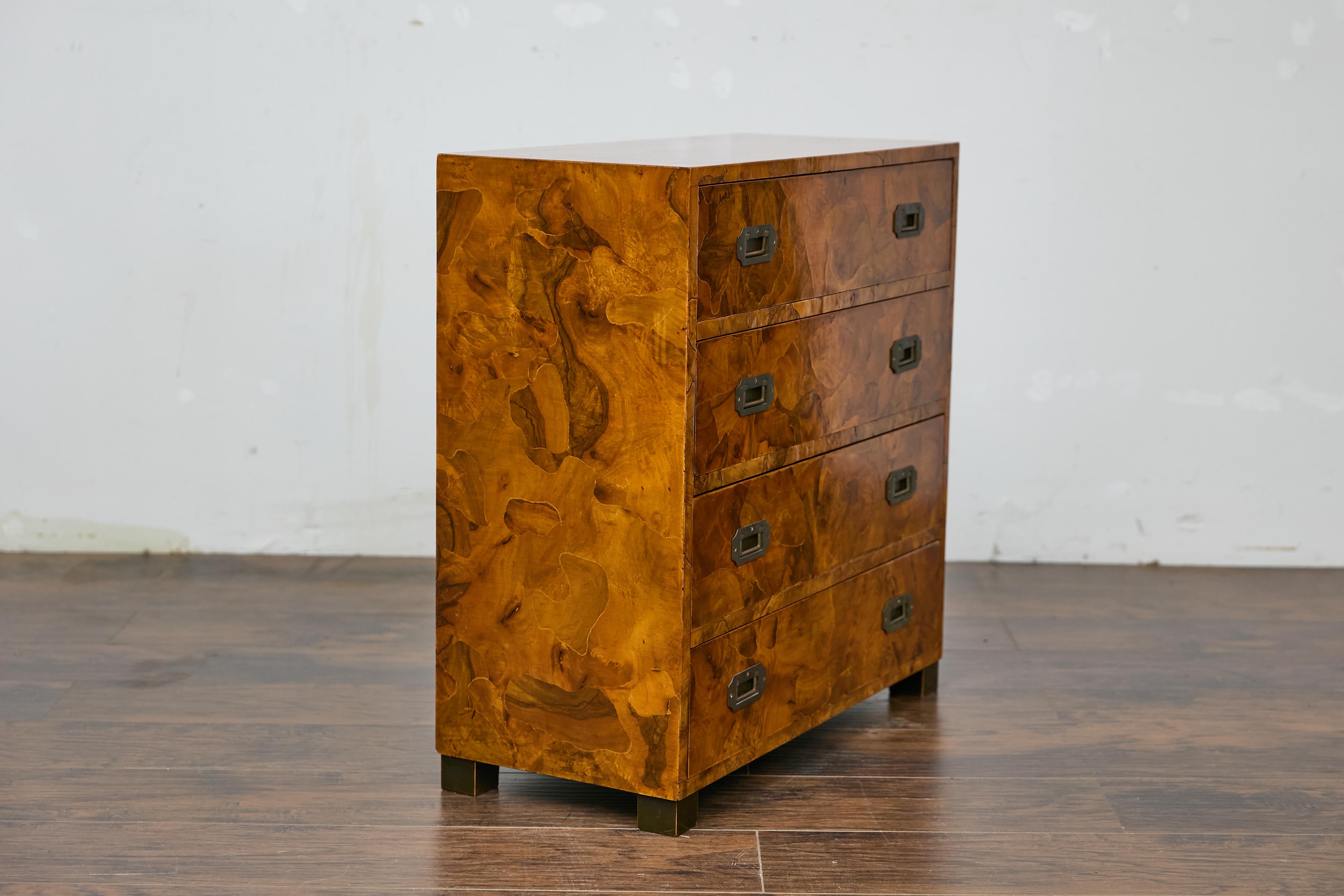 Veneer 1940s Italian Walnut Commode with Elaborate Grain Patterns and Brass Hardware For Sale