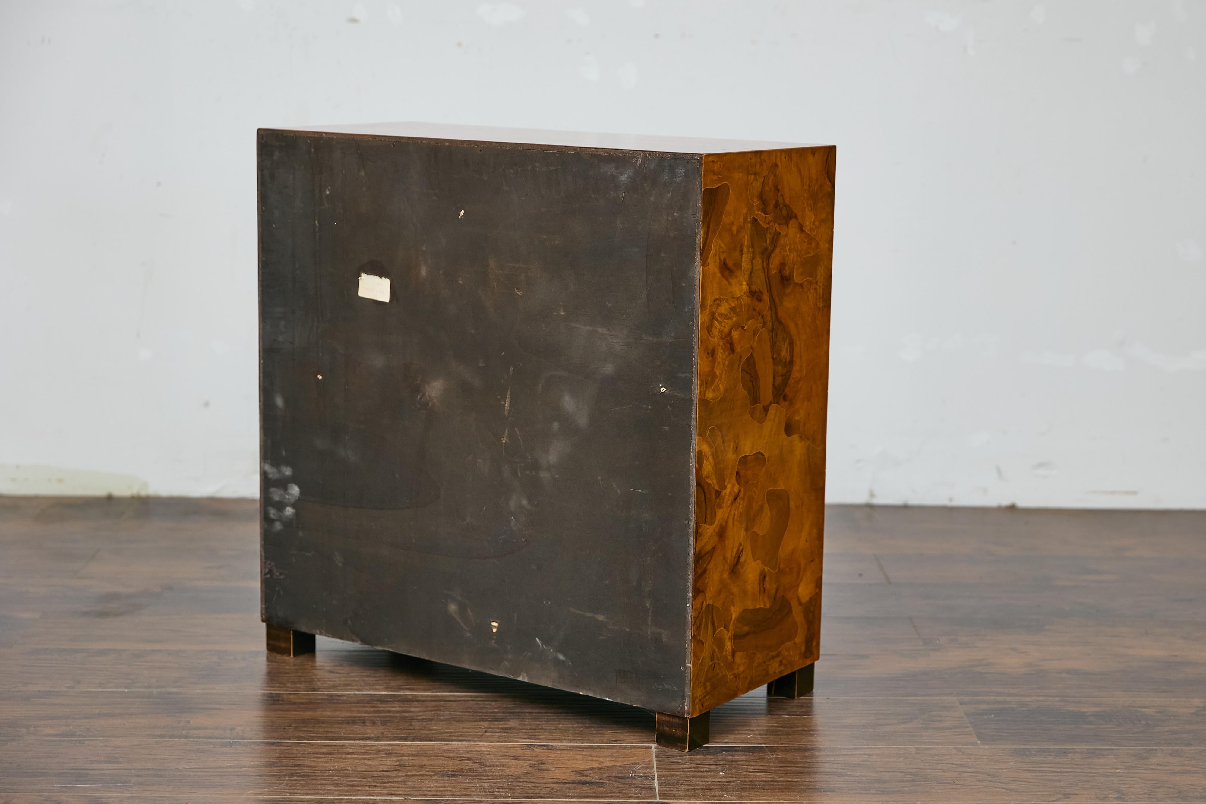 20th Century 1940s Italian Walnut Commode with Elaborate Grain Patterns and Brass Hardware For Sale