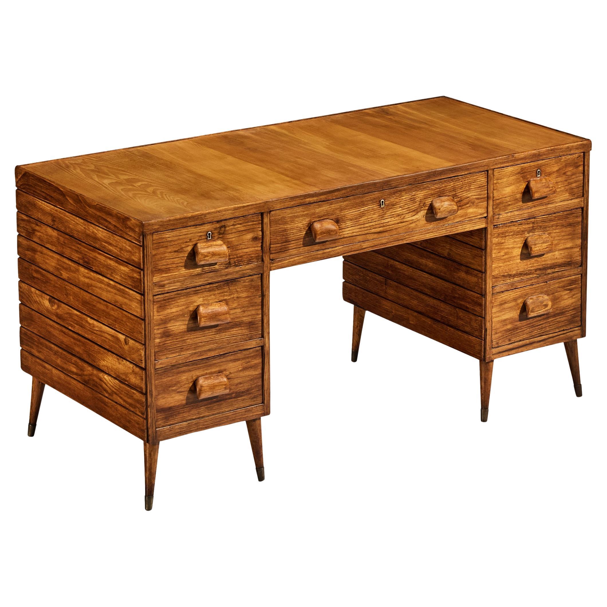 1940s Italian Writing Desk in Ash and Brass