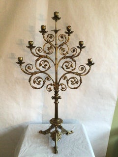 1940s Italianate Brass Candelabra with Scrolled Leaf Detailing