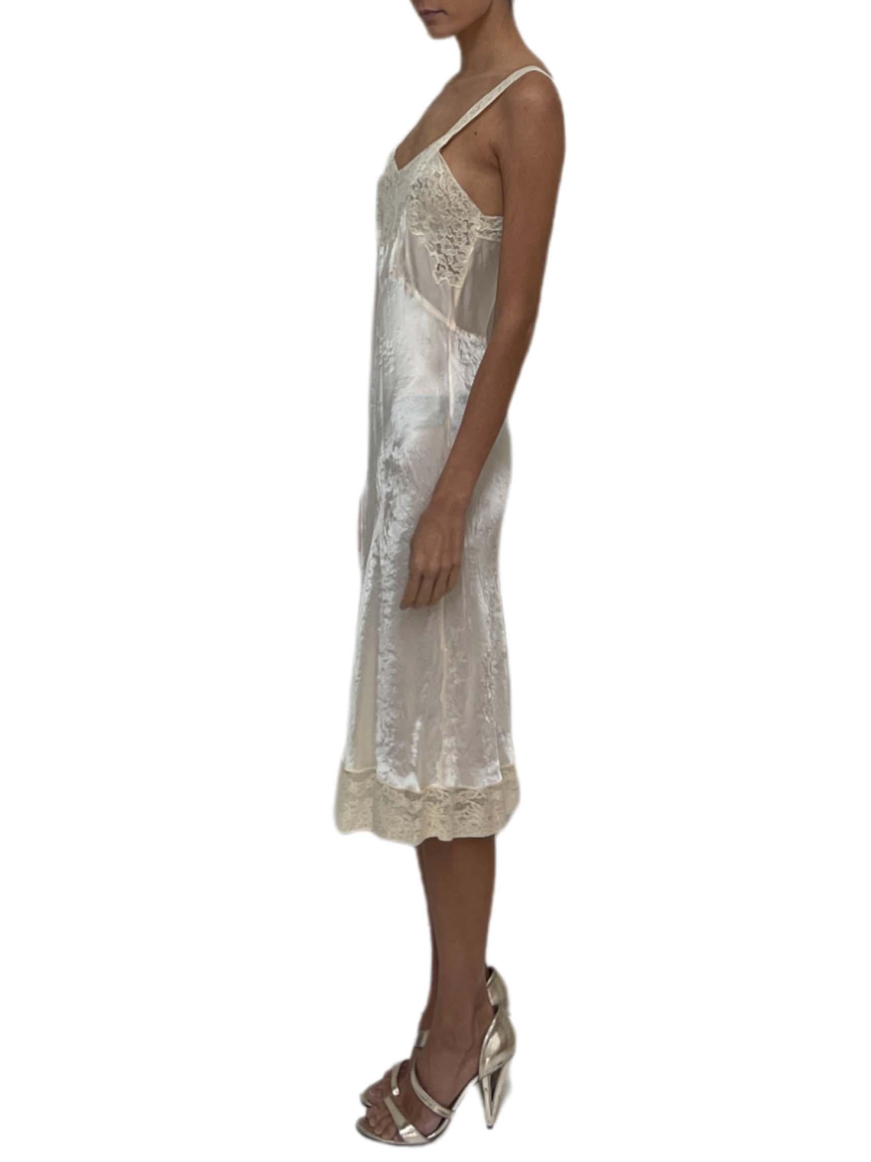 As is 1940S Ivory Bias Cut Rayon Satin Slip With Lace Trim 