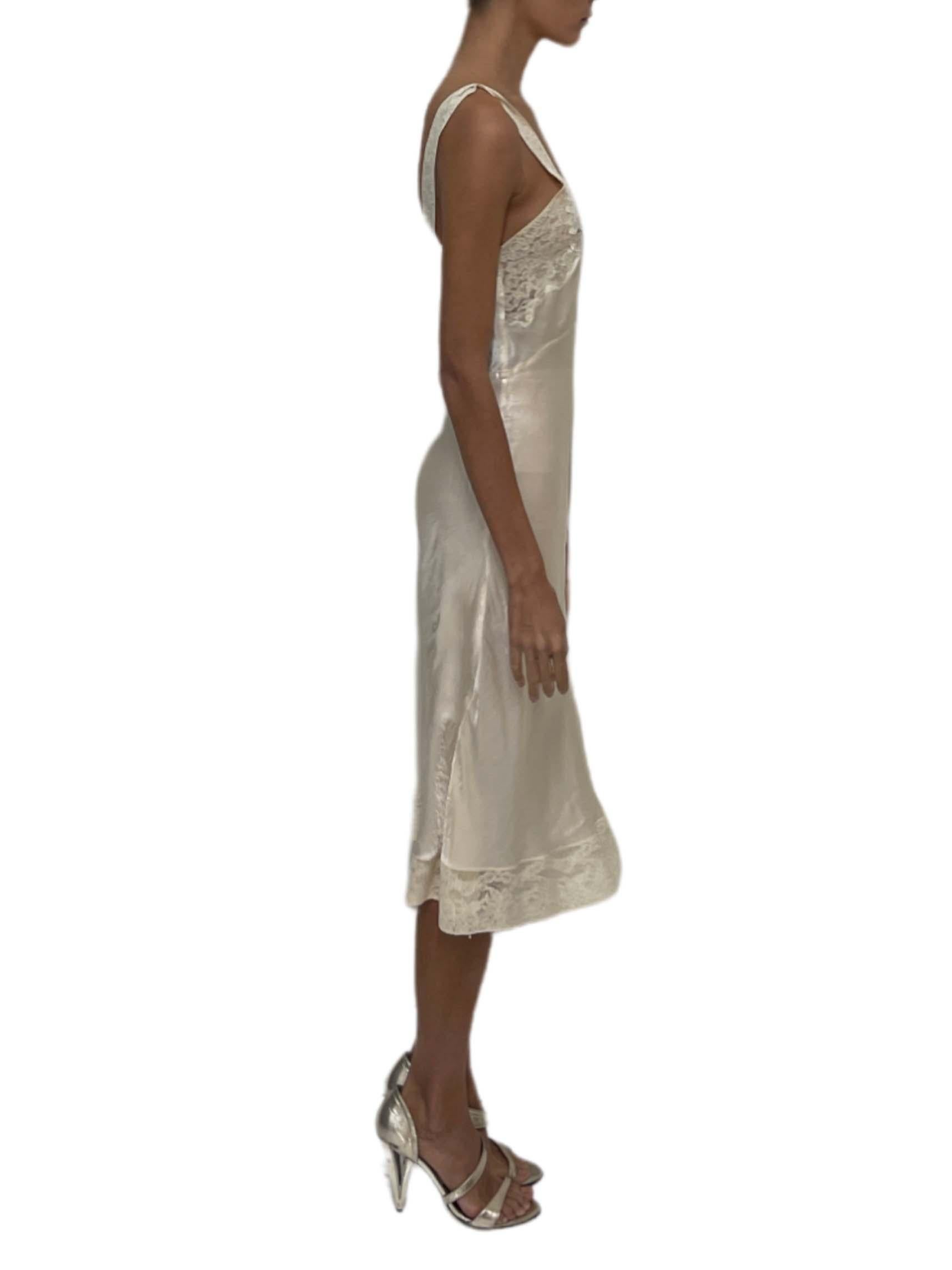 Brown 1940S Ivory Bias Cut Rayon Satin Slip With Lace Trim For Sale