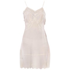 1940S Ivory Bias Cut Silk Crepe De Chine Slip Dress With Floral Appliqués 
Emb