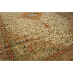 1940s Ivory Diamond Swastika Antique Tabriz Silk Handknotted Room Size Rug