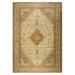 1940s Ivory Diamond Swastika Antique Tabriz Silk Handknotted Room Size Rug