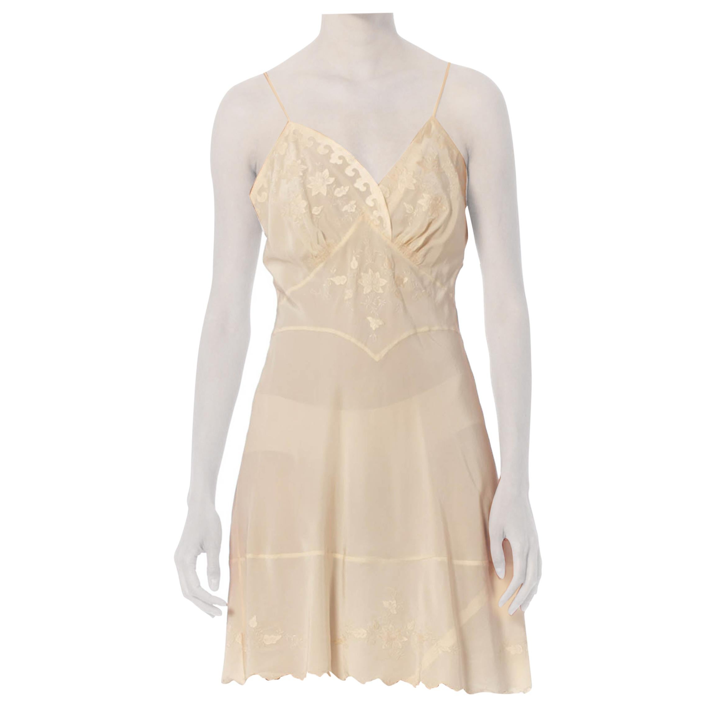 1940S Ivory Hand Embroidered Silk Crepe De Chine Bias Cut Mini Slip Dress