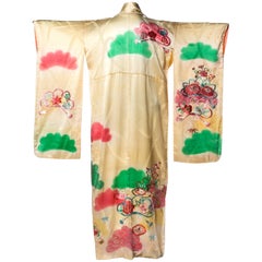 1940S Ivory Hand Painted Rayon & Silk Kimono With Floral Embroidery