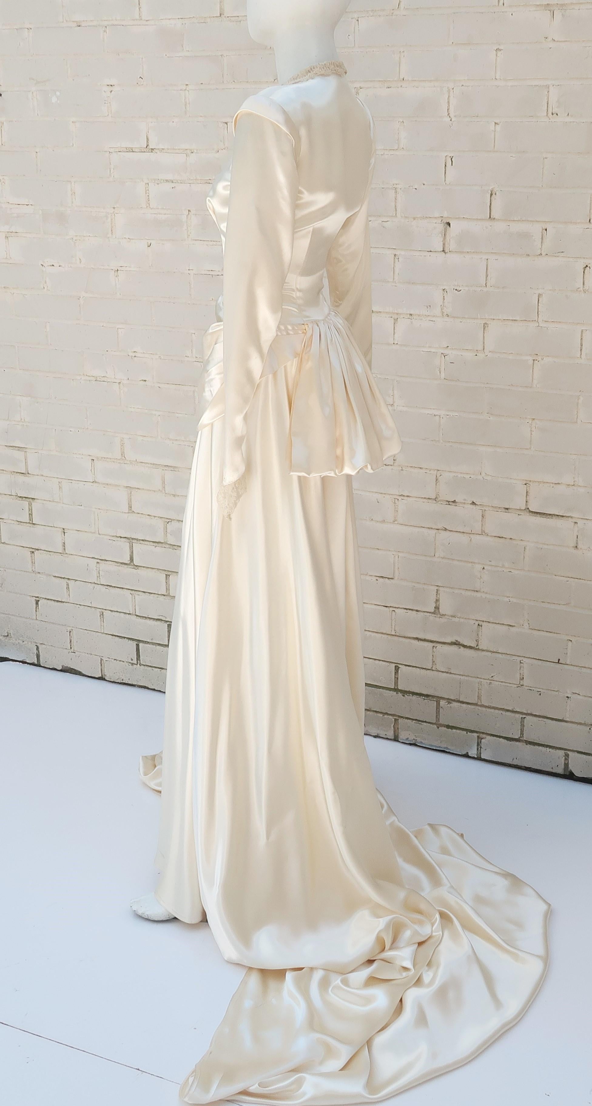 1940's Ivory Satin Draped Wedding Dress With Bustle & Train 2