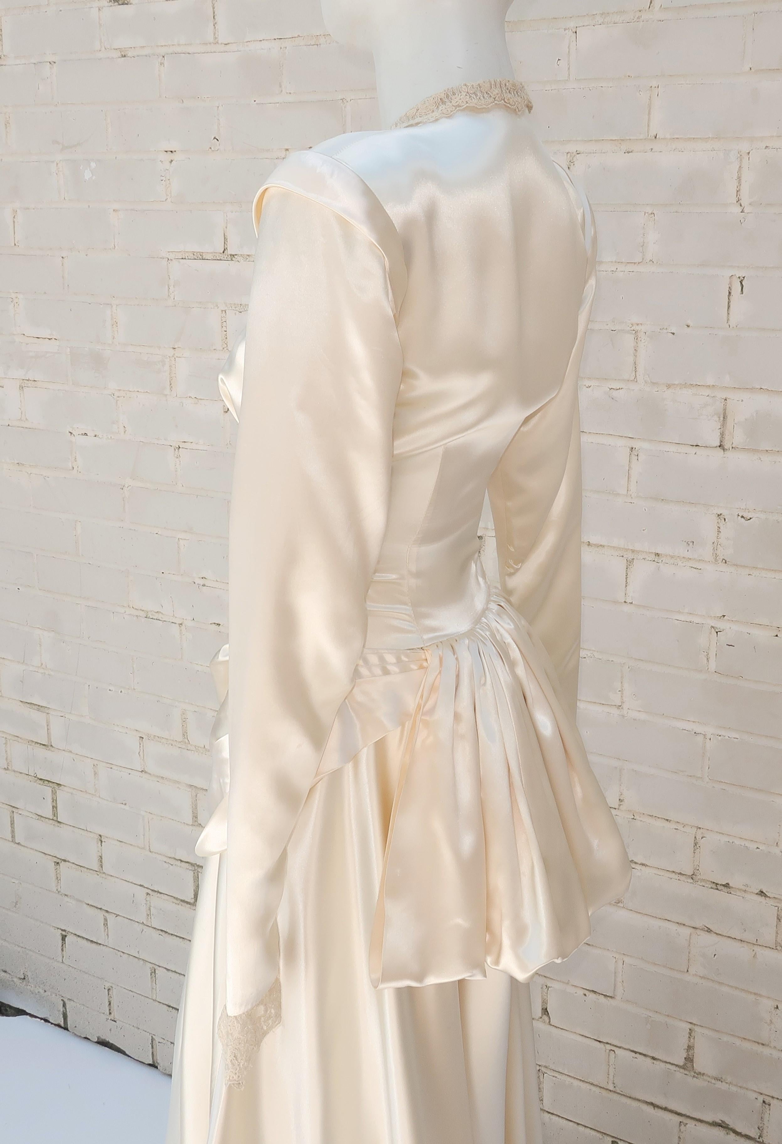 1940's Ivory Satin Draped Wedding Dress With Bustle & Train 3