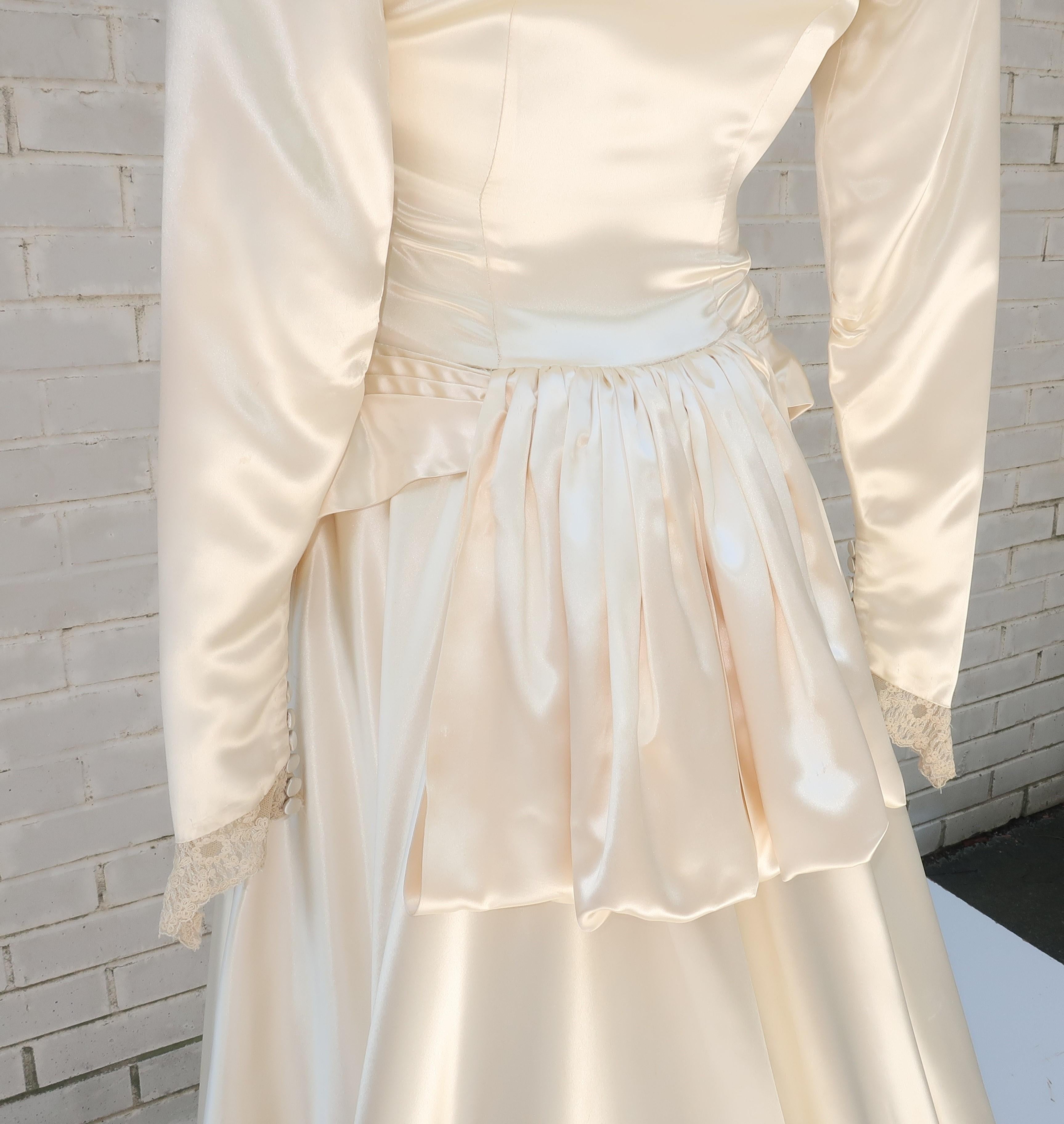 1940's Ivory Satin Draped Wedding Dress With Bustle & Train 4