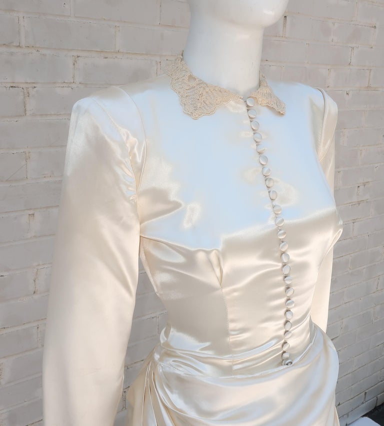 knee length dresses for ladies 1940s Vintage Satin Cream Lace Trim Wedding Dress Size Xs