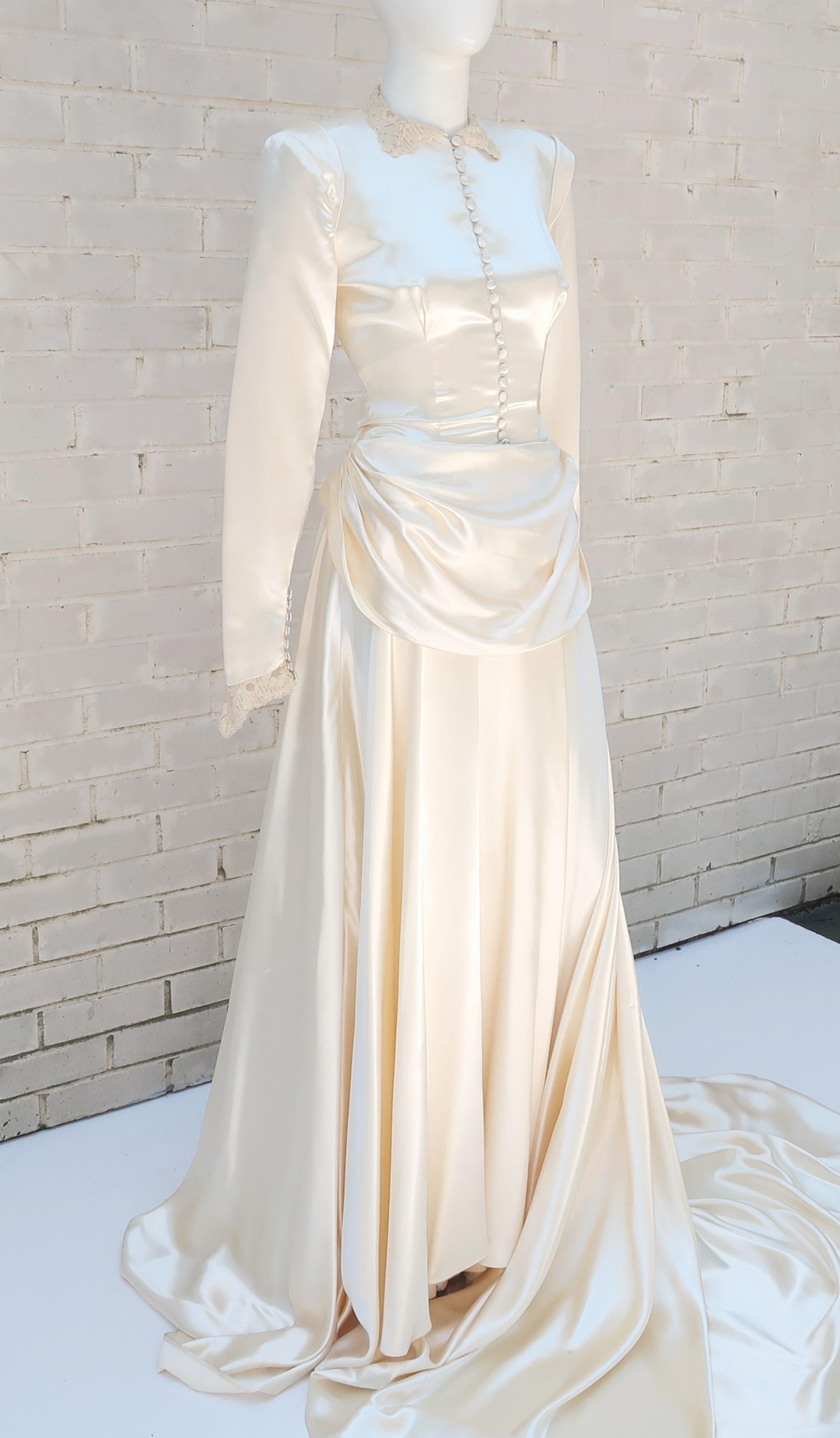 Gray 1940's Ivory Satin Draped Wedding Dress With Bustle & Train