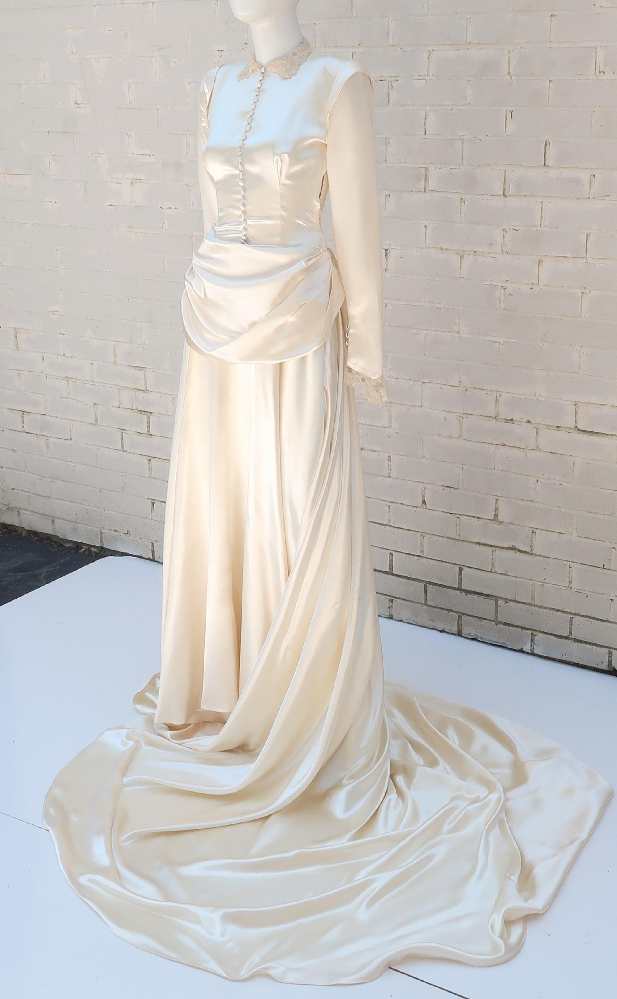 1940's Ivory Satin Draped Wedding Dress With Bustle & Train In Good Condition In Atlanta, GA