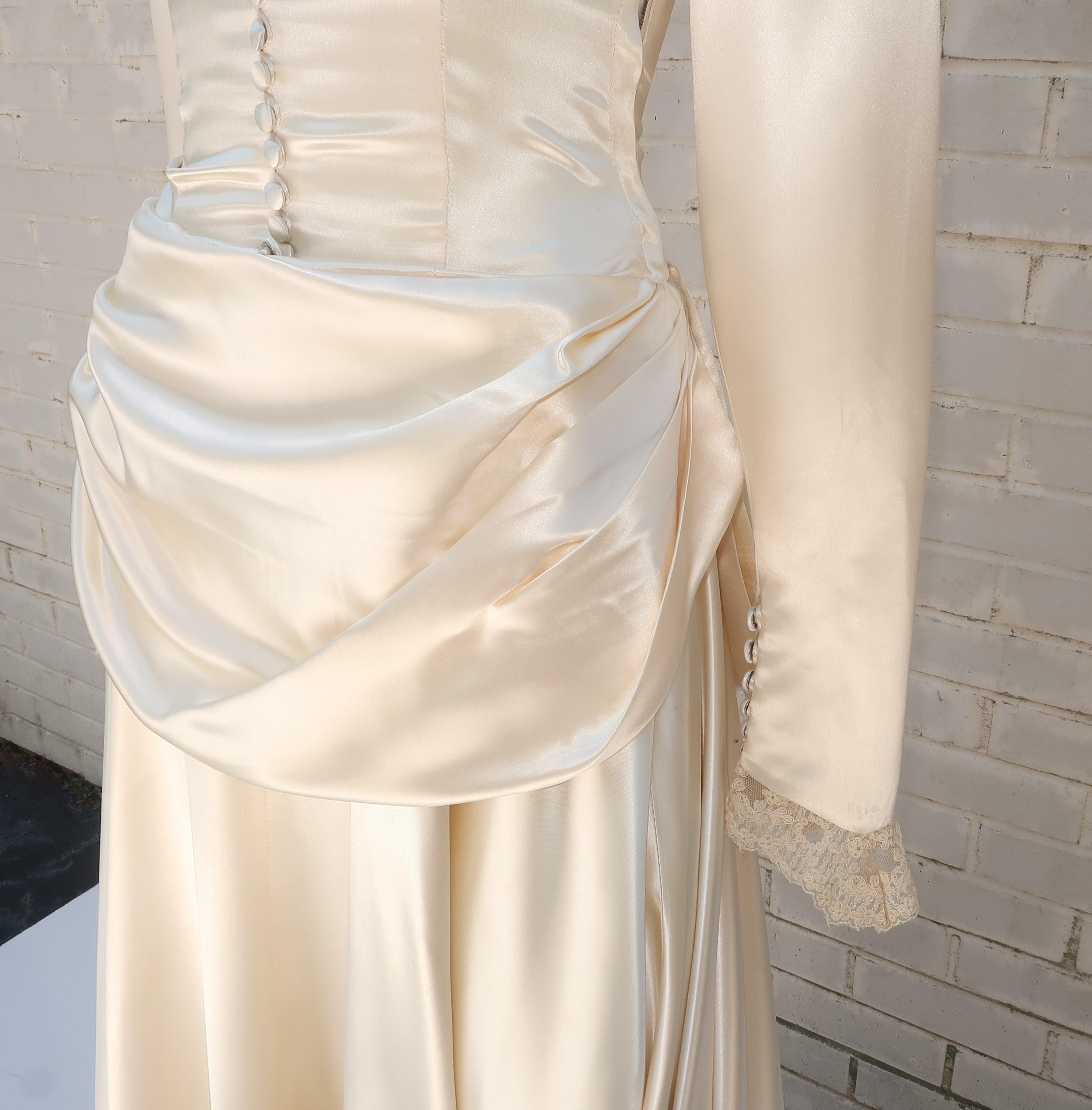 Women's 1940's Ivory Satin Draped Wedding Dress With Bustle & Train