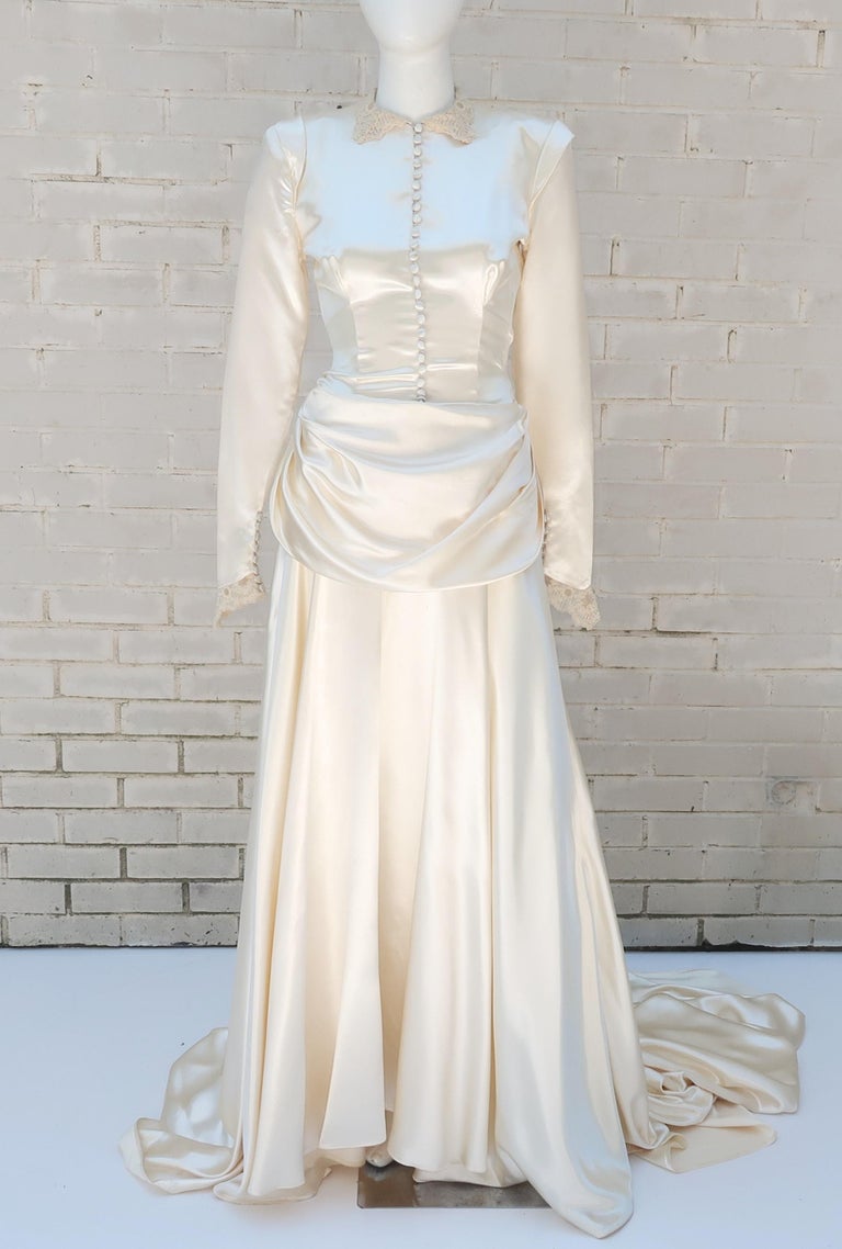 1940's Ivory Satin Draped Wedding Dress With Bustle and Train at