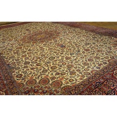 1940s Ivory Shah Abbas Floral Vase Antique Kashan Handknotted Wool Gallery Rug