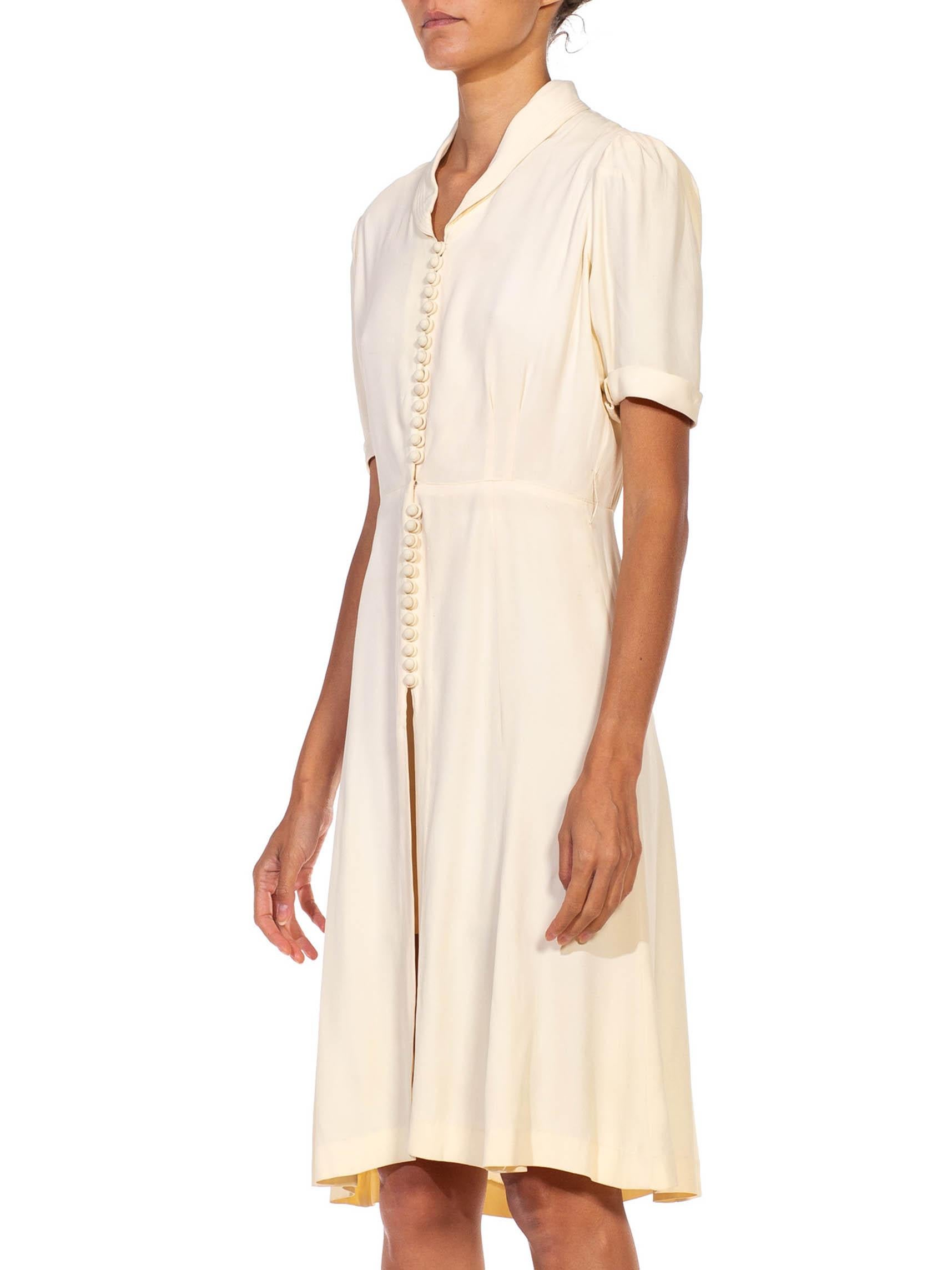 Women's 1940S Ivory Silk Short Sleeve Button Down Dress