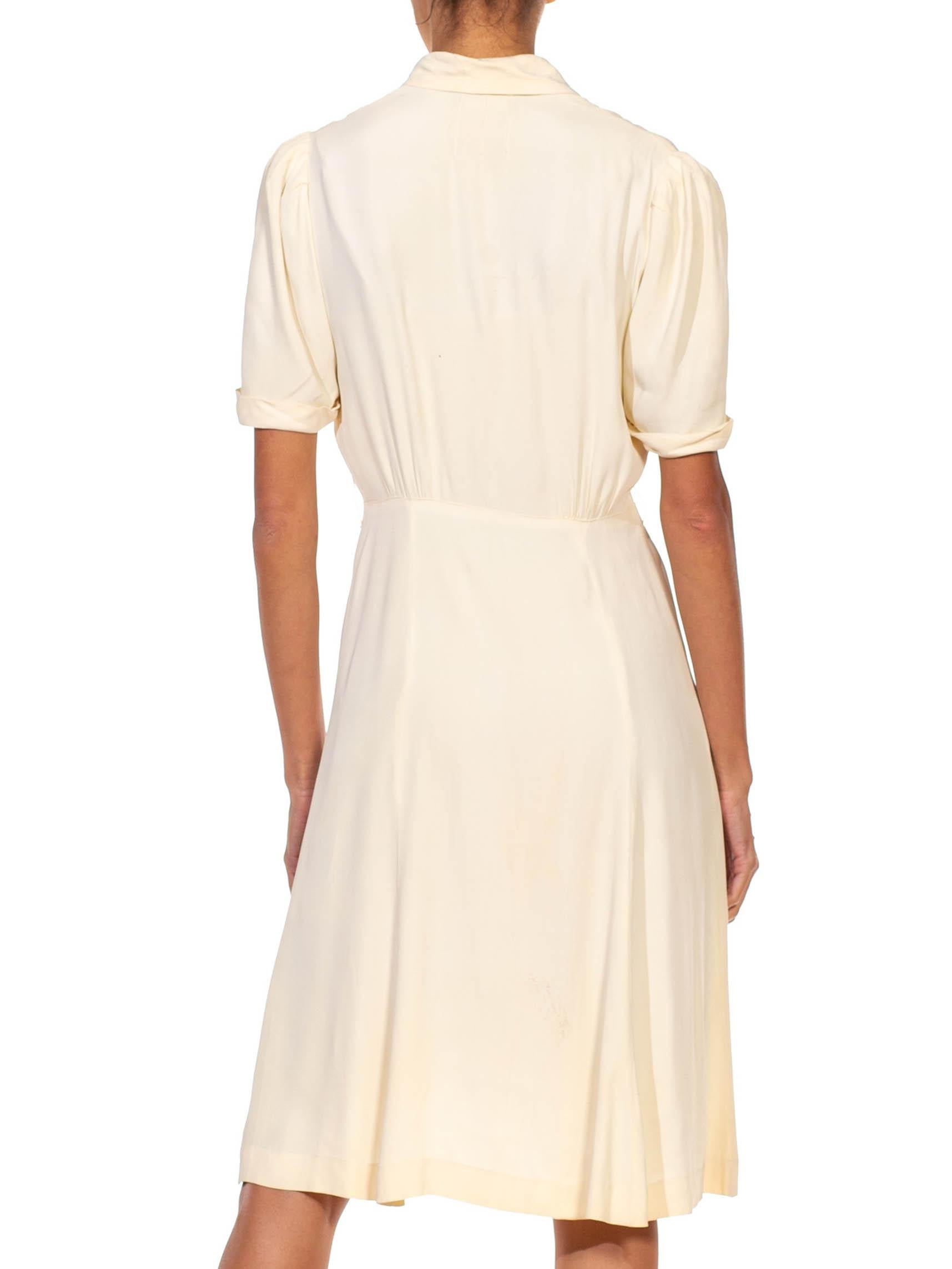 1940S Ivory Silk Short Sleeve Button Down Dress 2