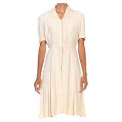 Vintage 1940S Ivory Silk Short Sleeve Button Down Dress