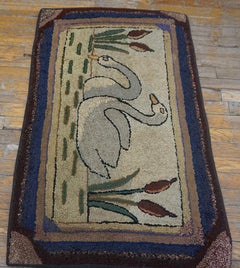 1940s Ivory Swans Pictorial American Hooked Rug 2'4"x3'7" Handwoven Wool Carpet