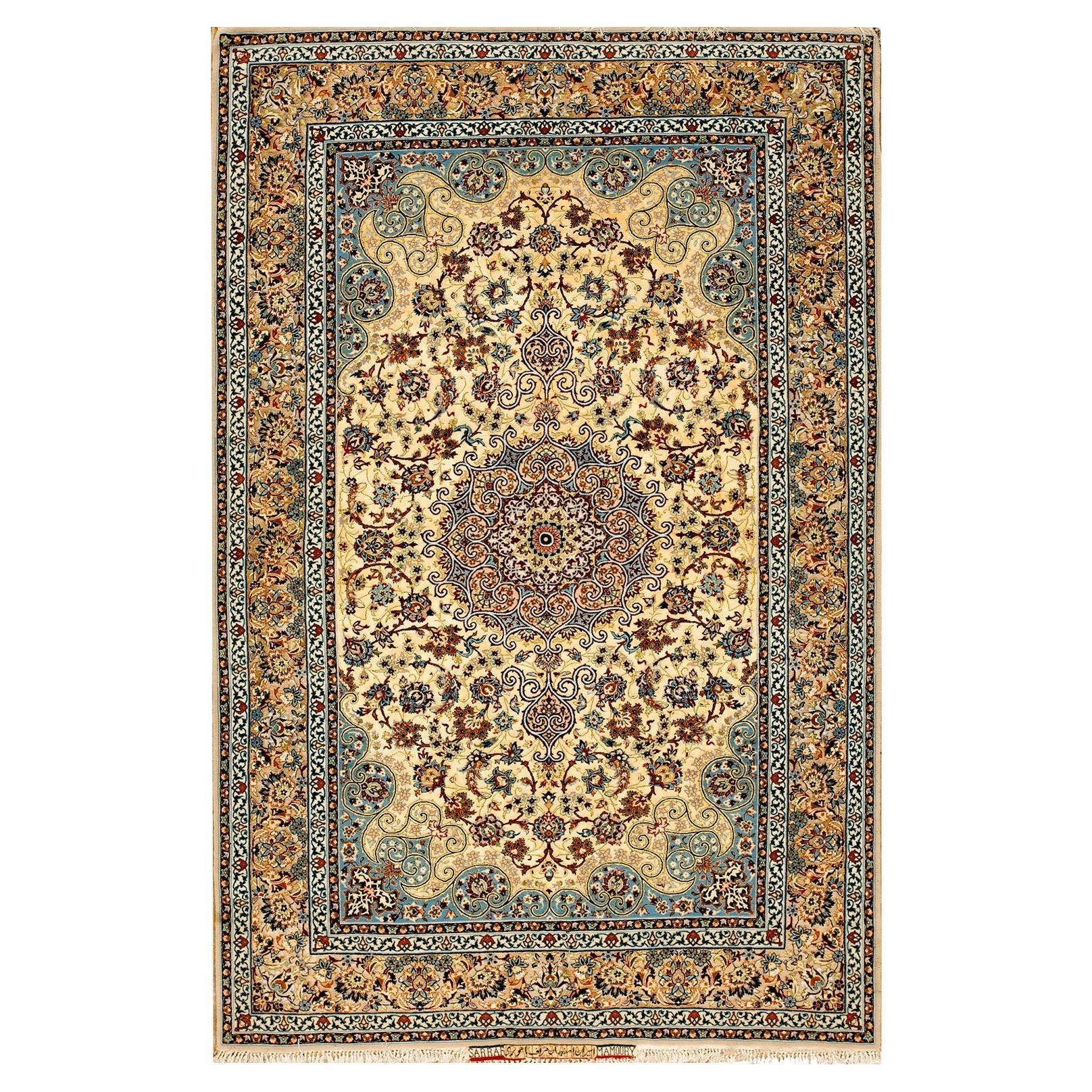 1940s Ivory Traditional Persian Isfahan Rug by "Sarraf Mamoury" 5
x8
 Carpet
