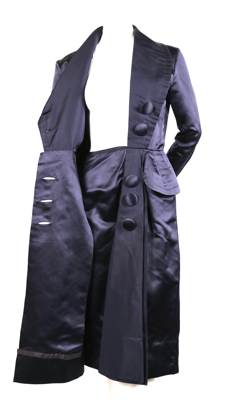 1940's JACQUES FATH navy blue satin coat dress For Sale at 1stdibs