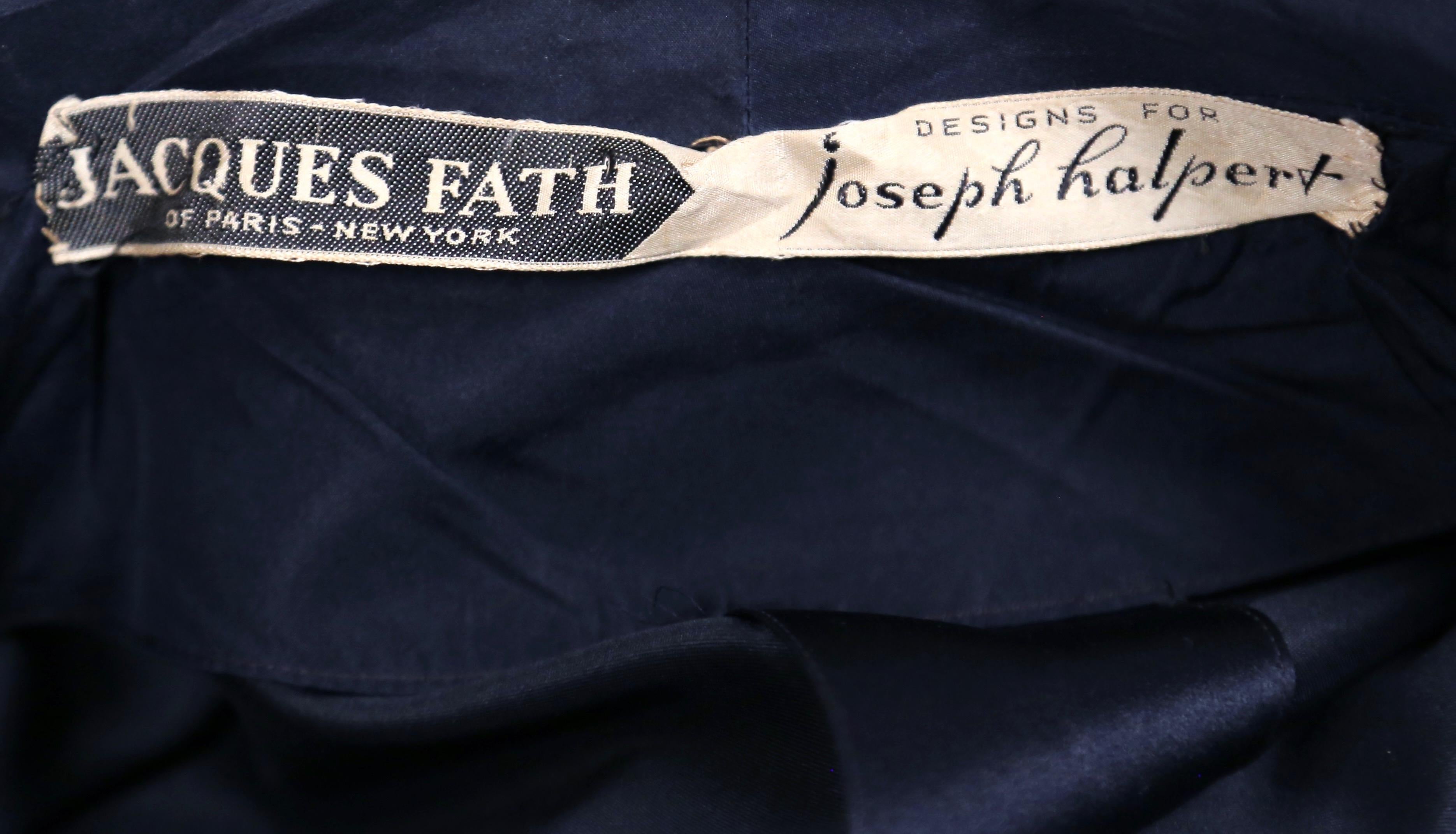 Black 1940's JACQUES FATH navy blue satin coat dress For Sale