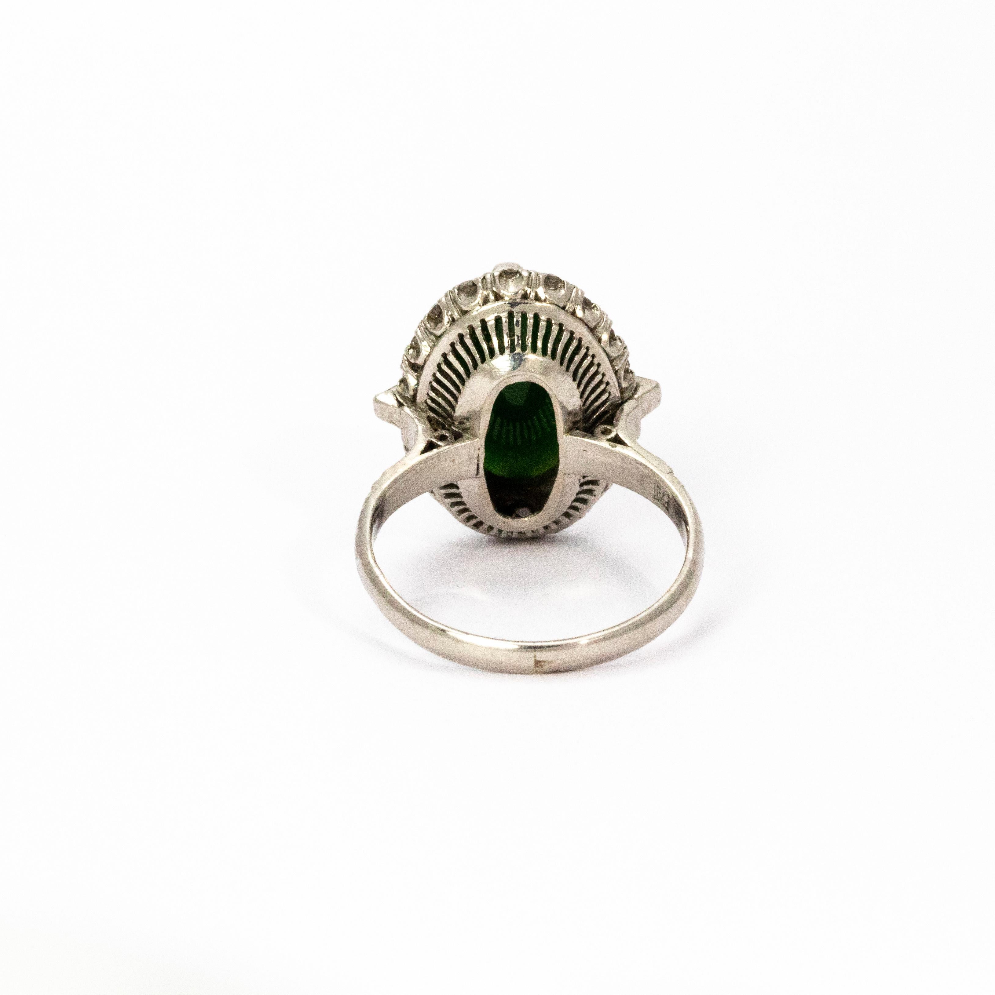 1940s Jade Cabochon Diamond 18 Karat White Gold Ring In Excellent Condition In Chipping Campden, GB