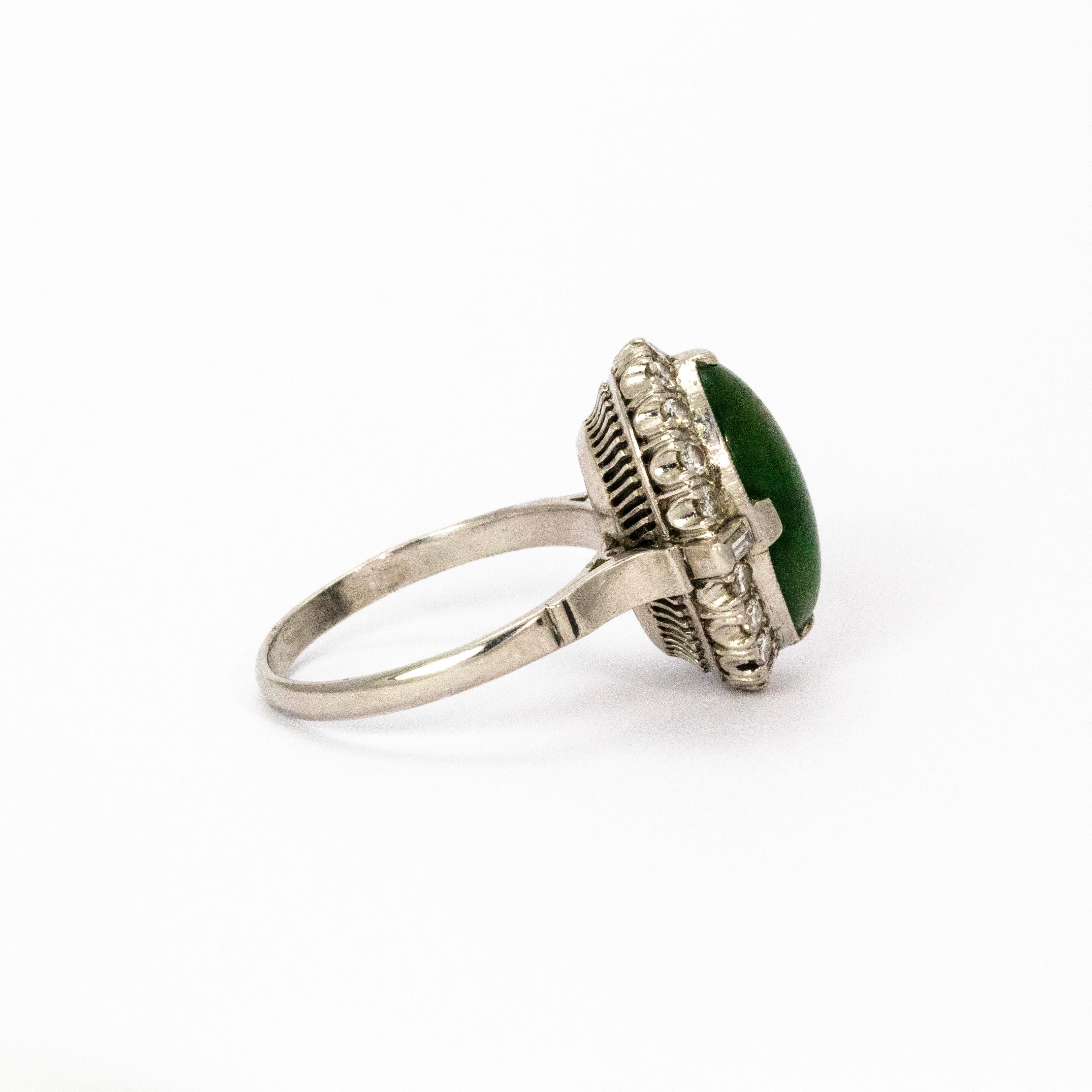 Women's or Men's 1940s Jade Cabochon Diamond 18 Karat White Gold Ring
