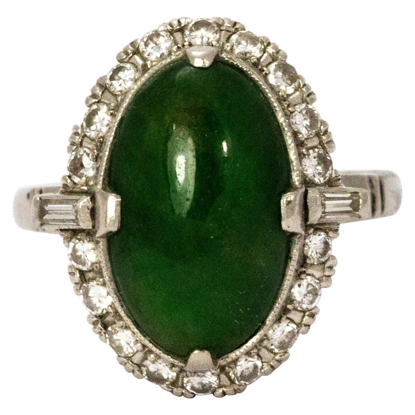 1940s Jade Cabochon Diamond 18 Karat White Gold Ring