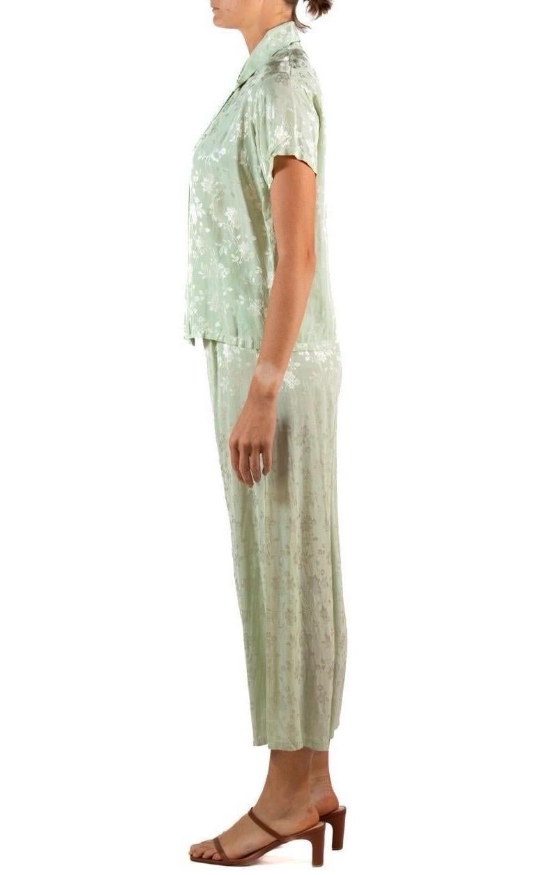 Beige 1940S Jade Green Rayon Jacquard Pajamas For Sale