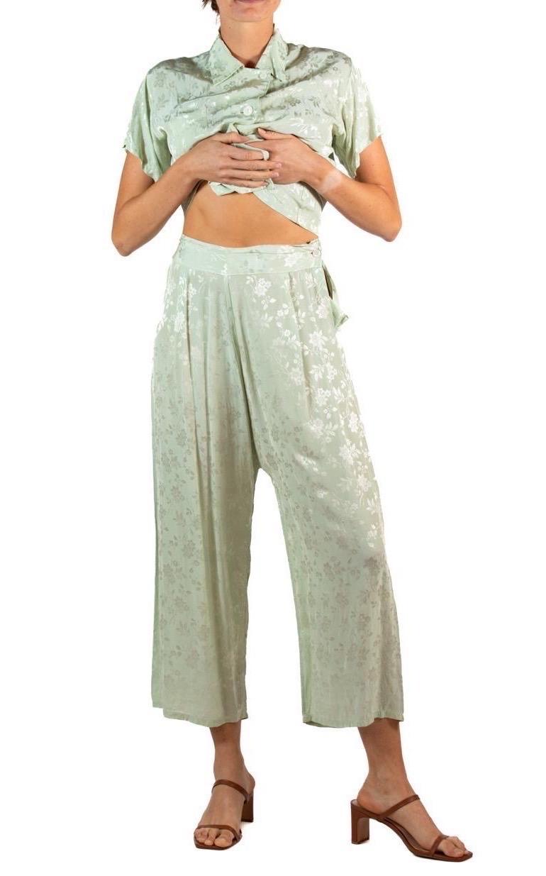Women's 1940S Jade Green Rayon Jacquard Pajamas For Sale