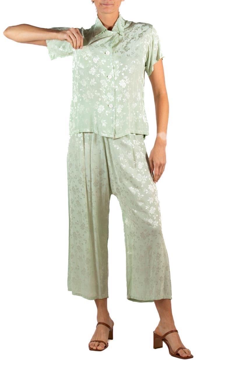 1940S Jade Green Rayon Jacquard Pajamas For Sale 1
