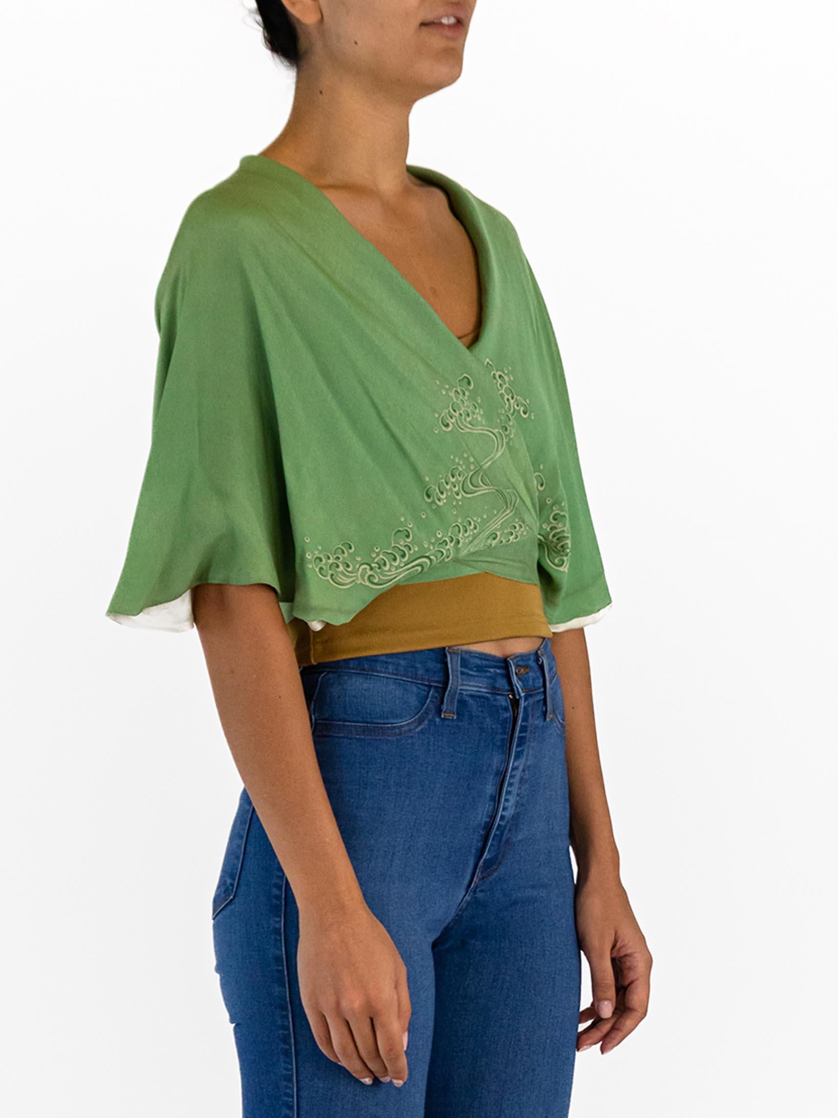 1940S Jade Green Silk Japanese Wrap Top In Excellent Condition For Sale In New York, NY